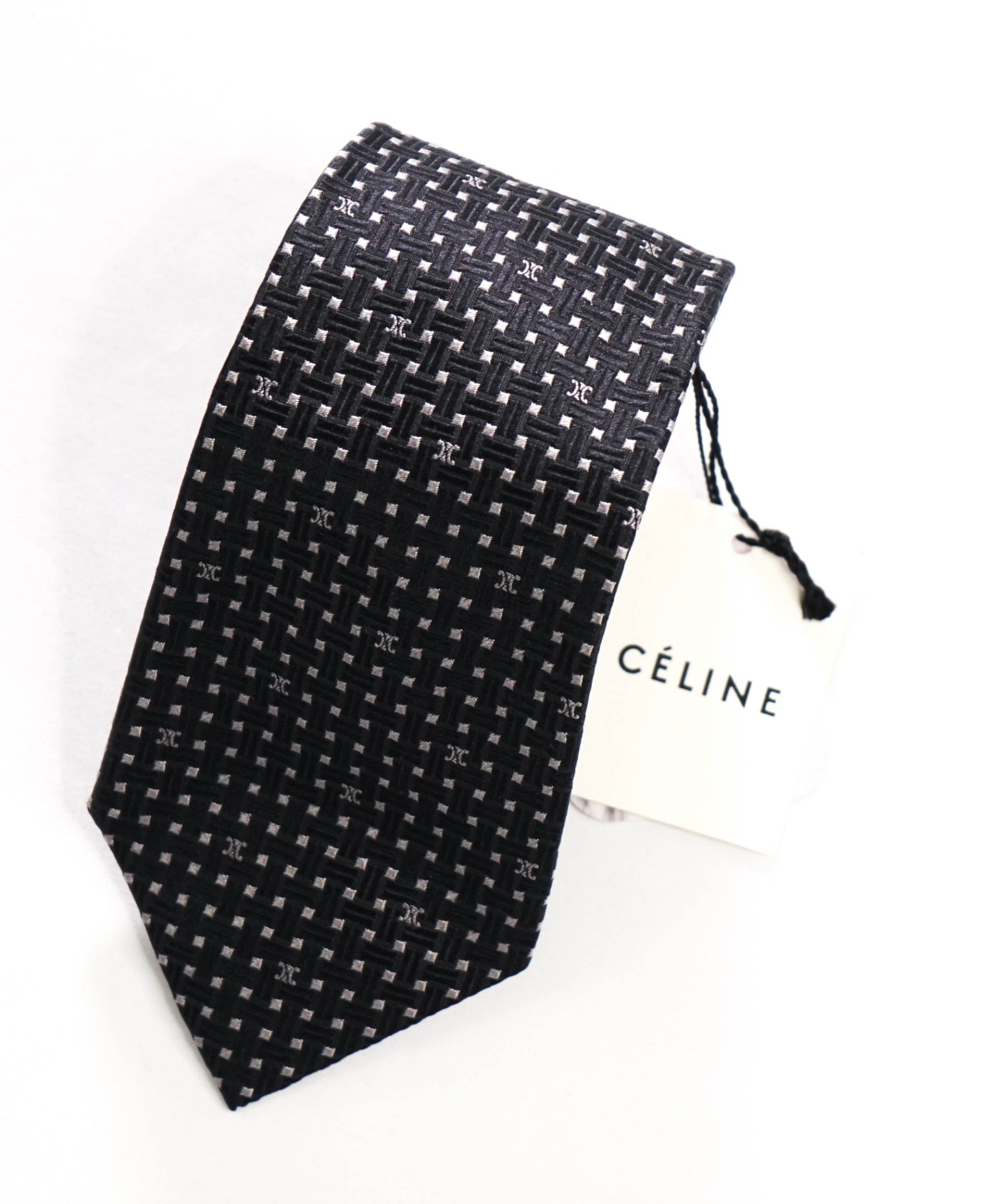 $195 CELINE - Black/Silver Basket Weave Motif Silk - 3.25" Tie