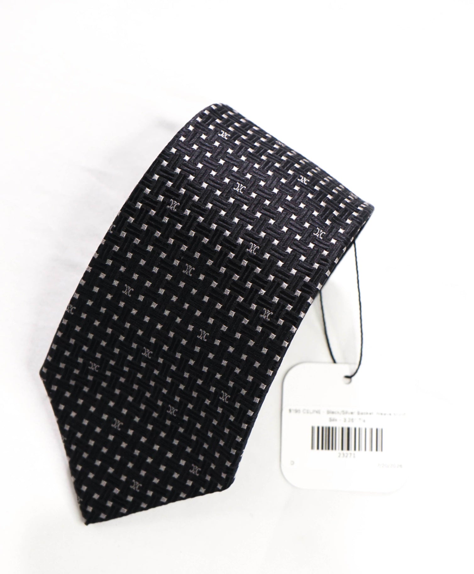 $195 CELINE - Black/Silver Basket Weave Motif Silk - 3.25" Tie