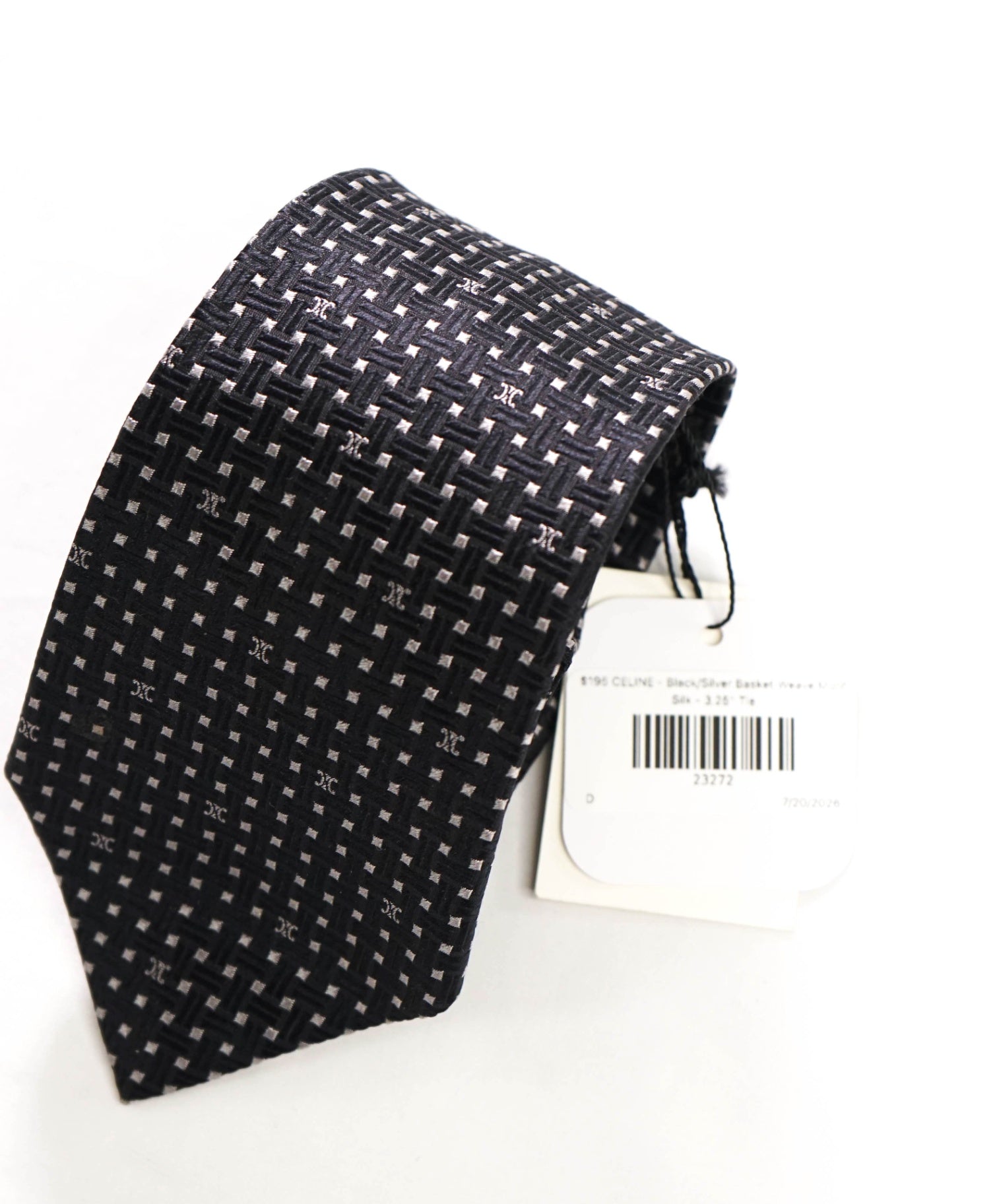 $195 CELINE - Black/Silver Basket Weave Motif Silk - 3.25" Tie