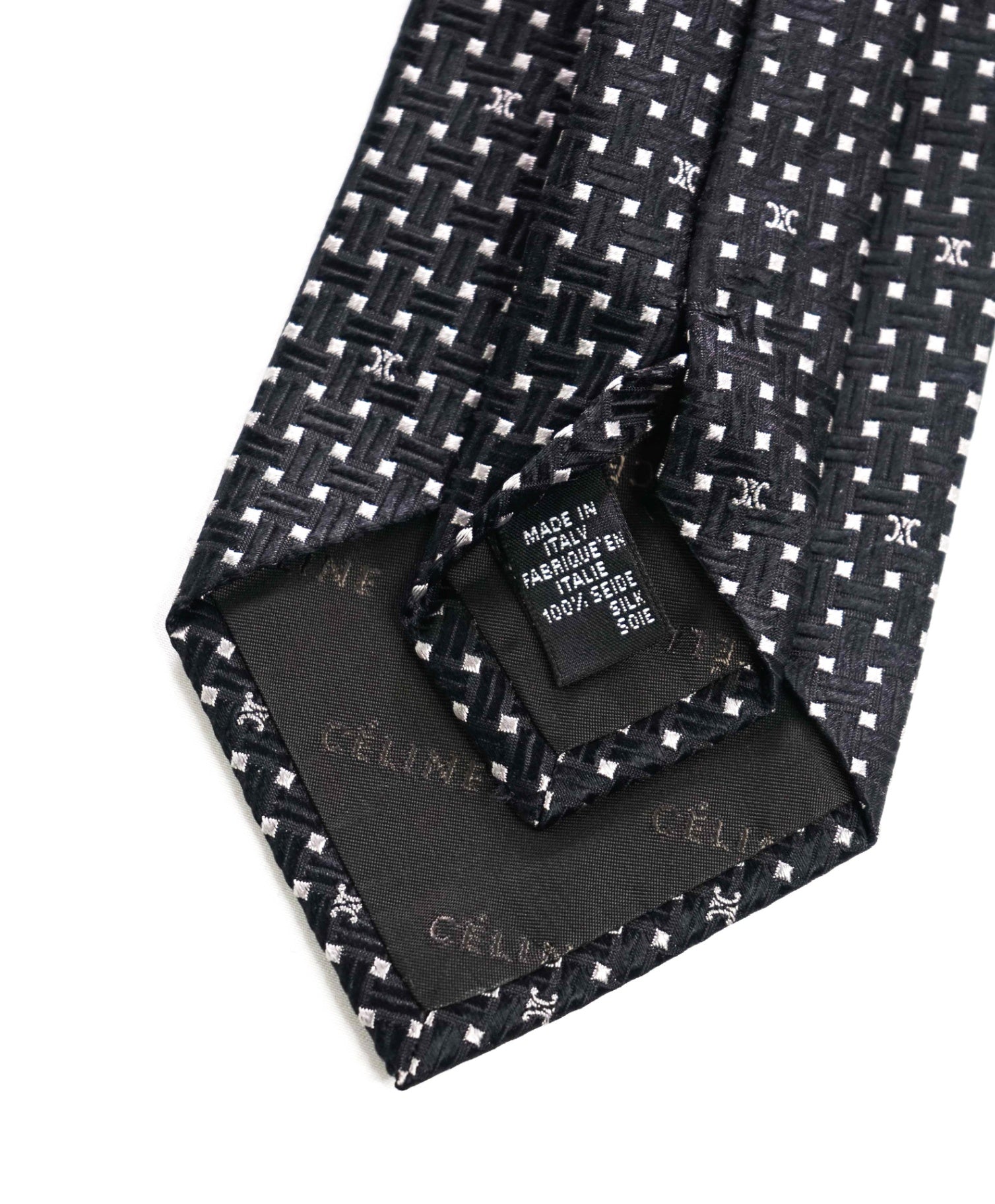 $195 CELINE - Black/Silver Basket Weave Motif Silk - 3.25" Tie