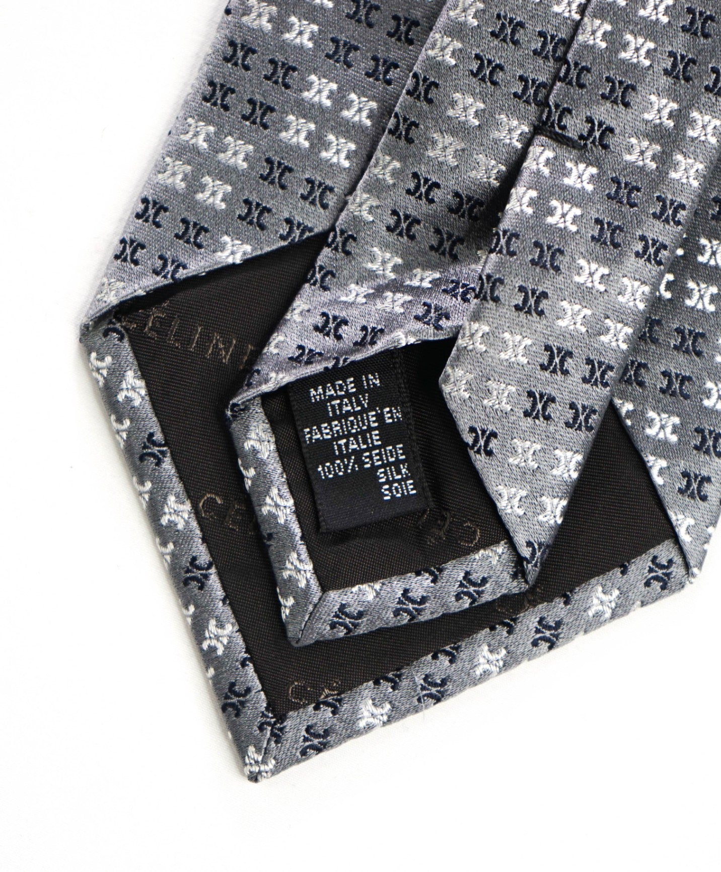 $195 CELINE - Silver/Black LOGO Silk - 3.5" Tie