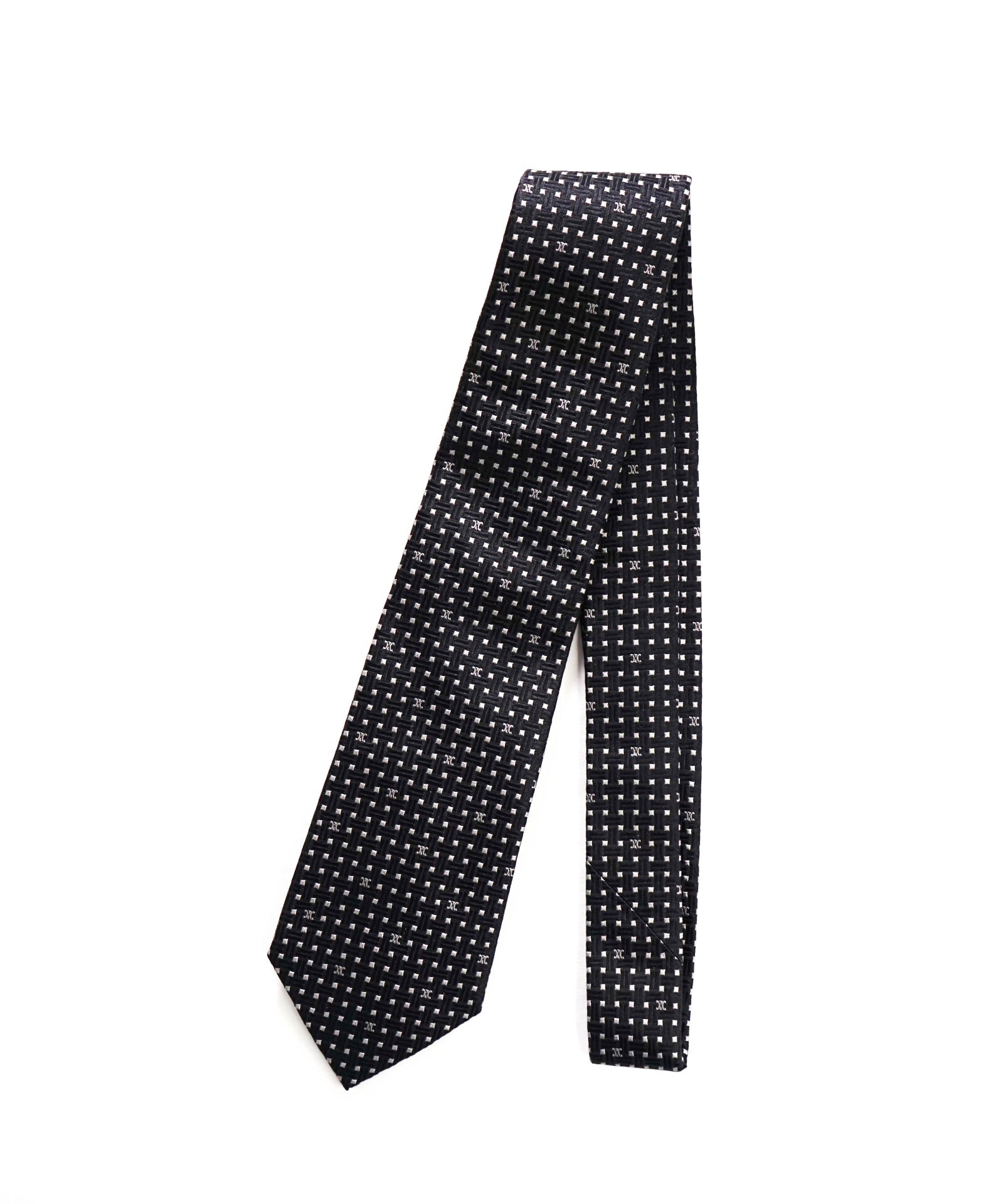 $195 CELINE - Black/Silver Basket Weave Motif Silk - 3.25" Tie