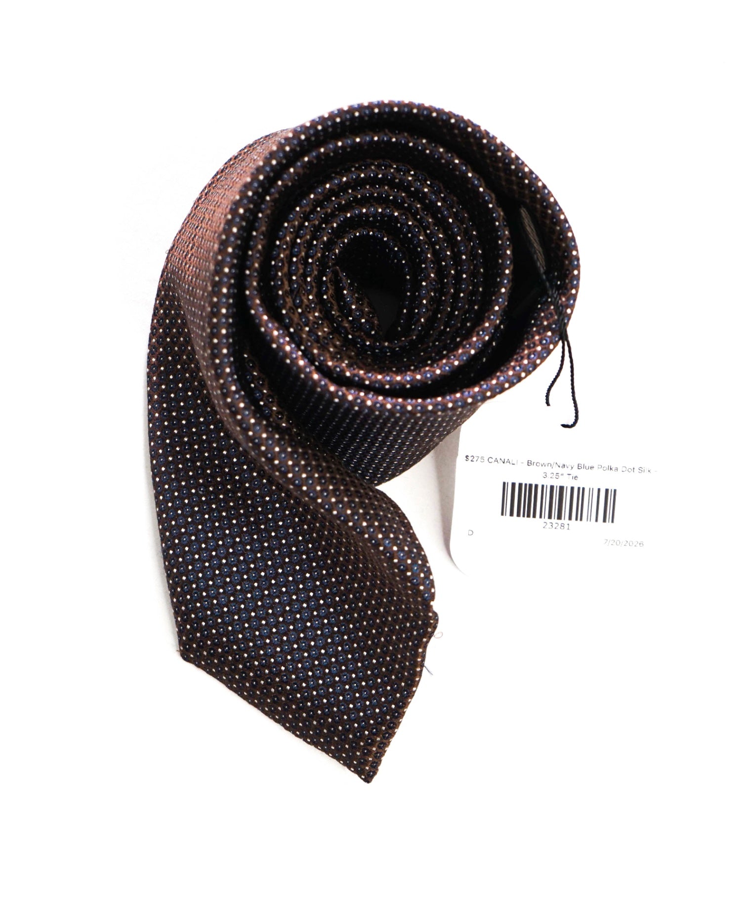 $275 CANALI - Brown/Navy Blue Polka Dot Silk - 3.25" Tie