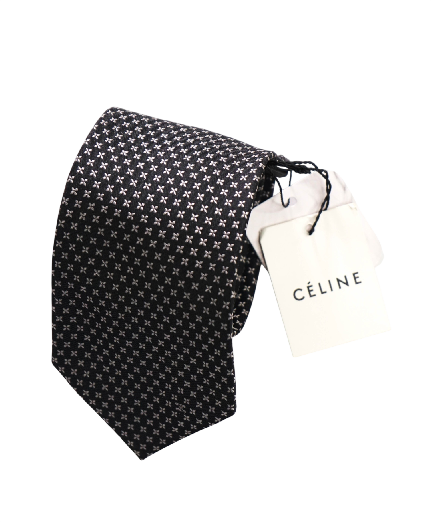 $195 CELINE - Black/Silver Logo Silk - 3.25" Tie