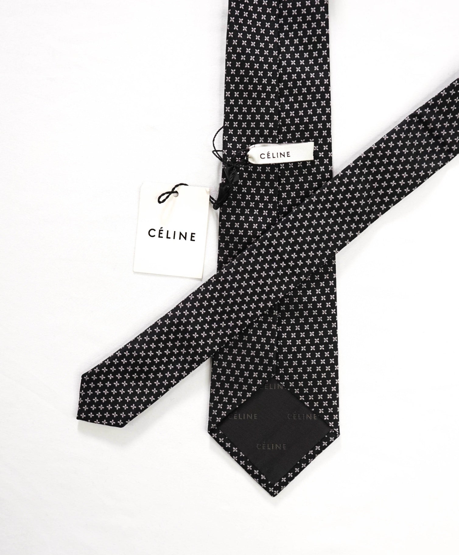 $195 CELINE - Black/Silver Logo Silk - 3.25" Tie