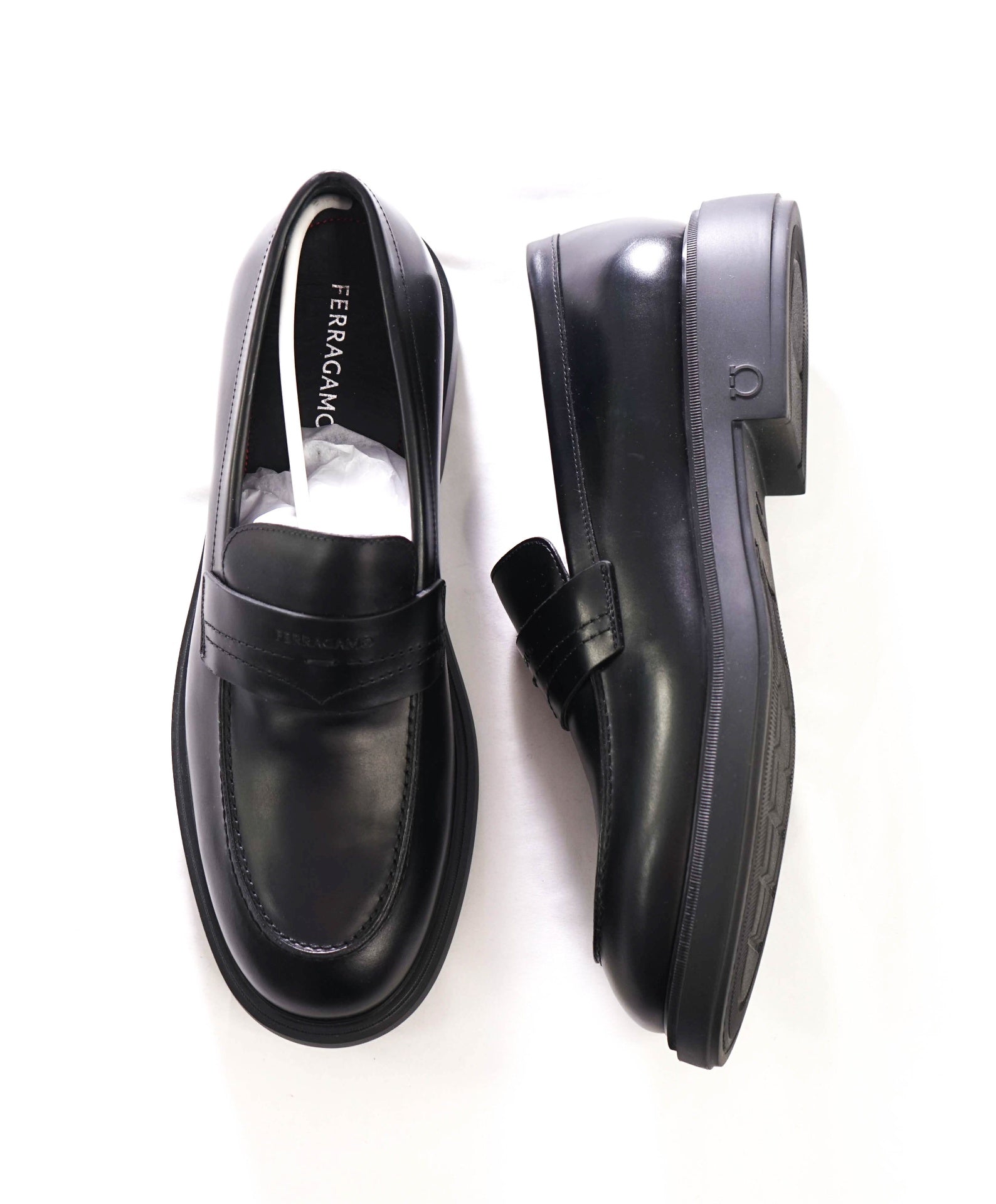 $995 FERRAGAMO - "CALIGOLA" Black Lug-Sole Loafers - 11 EE