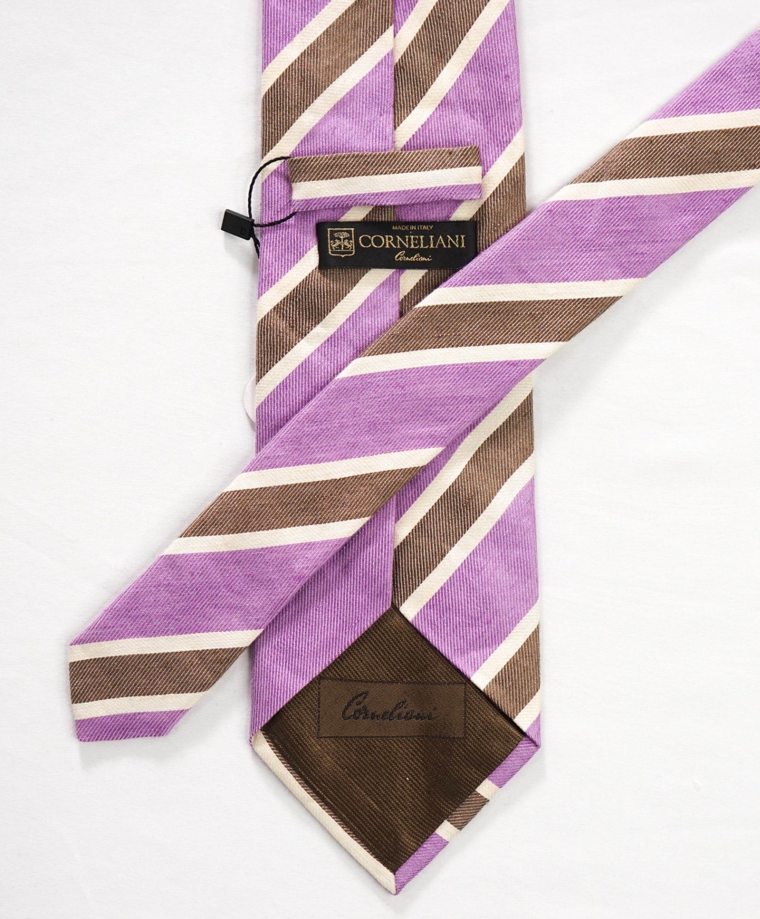 $220 CORNELIANI - Purple/Brown Stripe Silk/Linen - 3.5" Tie