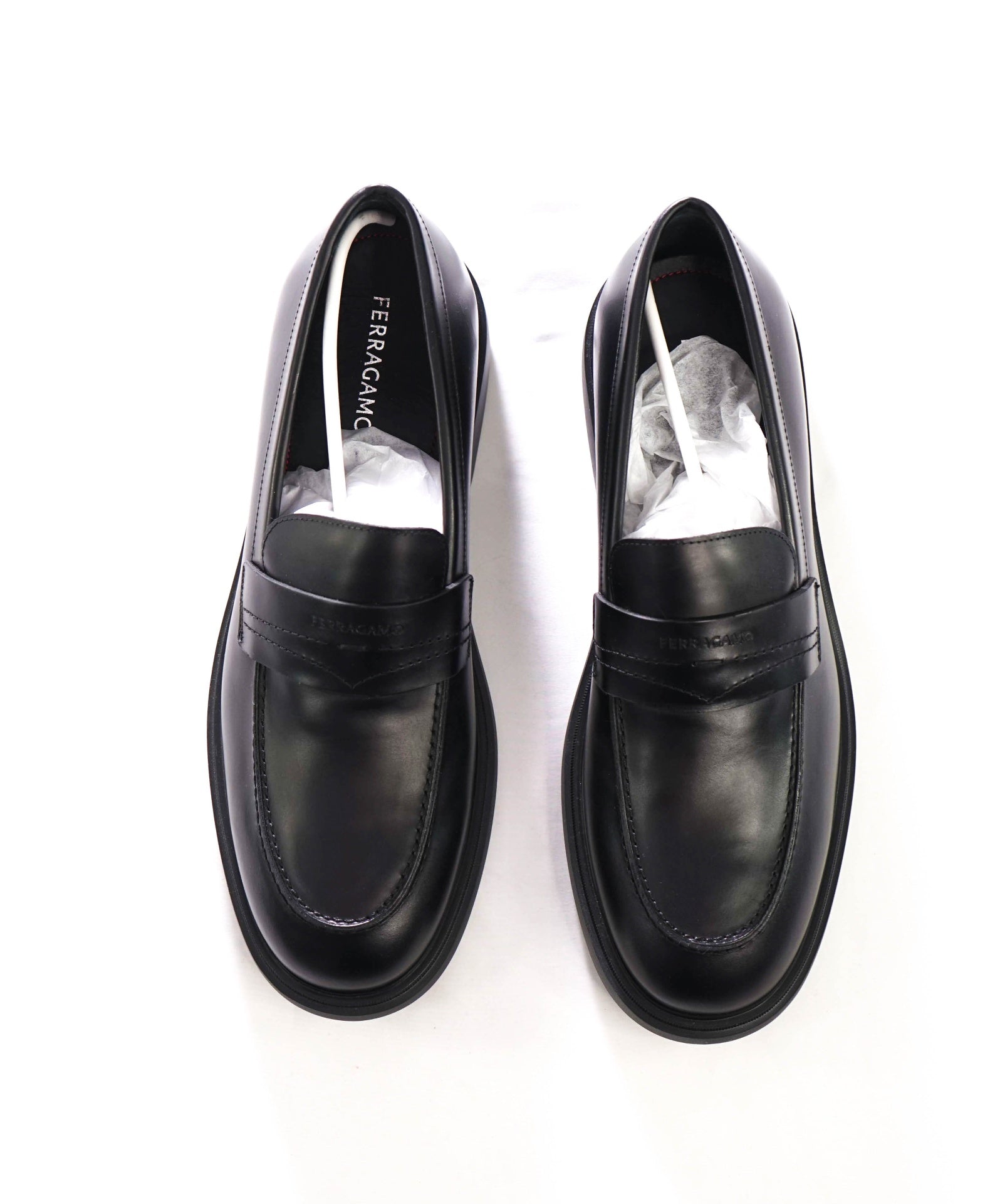 $995 FERRAGAMO - "CALIGOLA" Black Lug-Sole Loafers - 11 EE