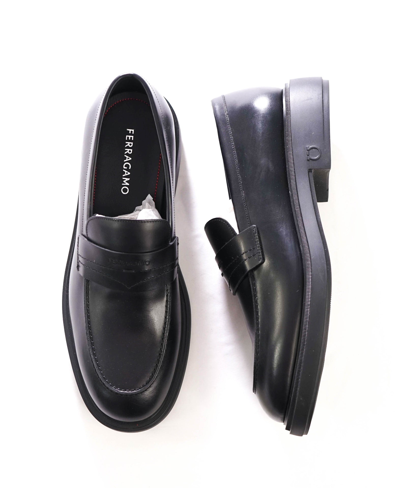 $995 FERRAGAMO - "CALIGOLA" Black Lug-Sole Loafers - 10.5 EE