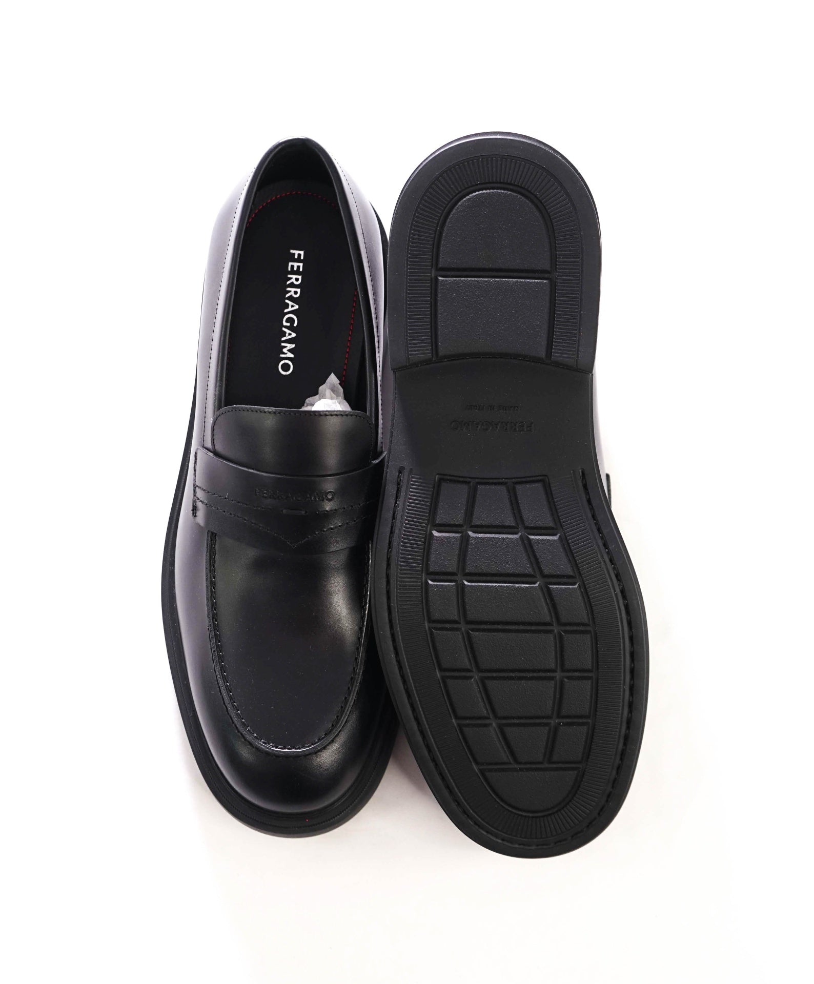 $995 FERRAGAMO - "CALIGOLA" Black Lug-Sole Loafers - 10.5 EE