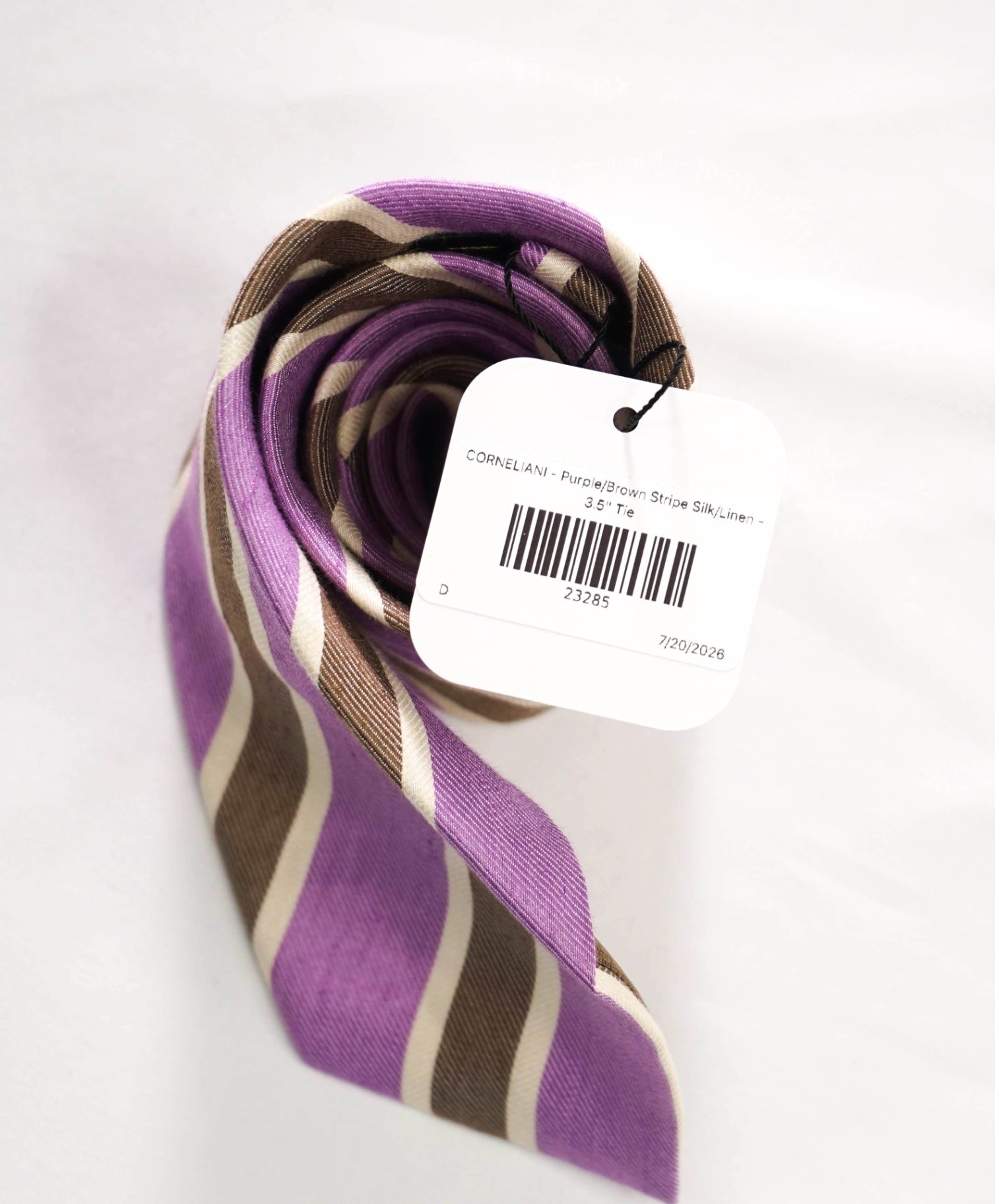 $220 CORNELIANI - Purple/Brown Stripe Silk/Linen - 3.5" Tie