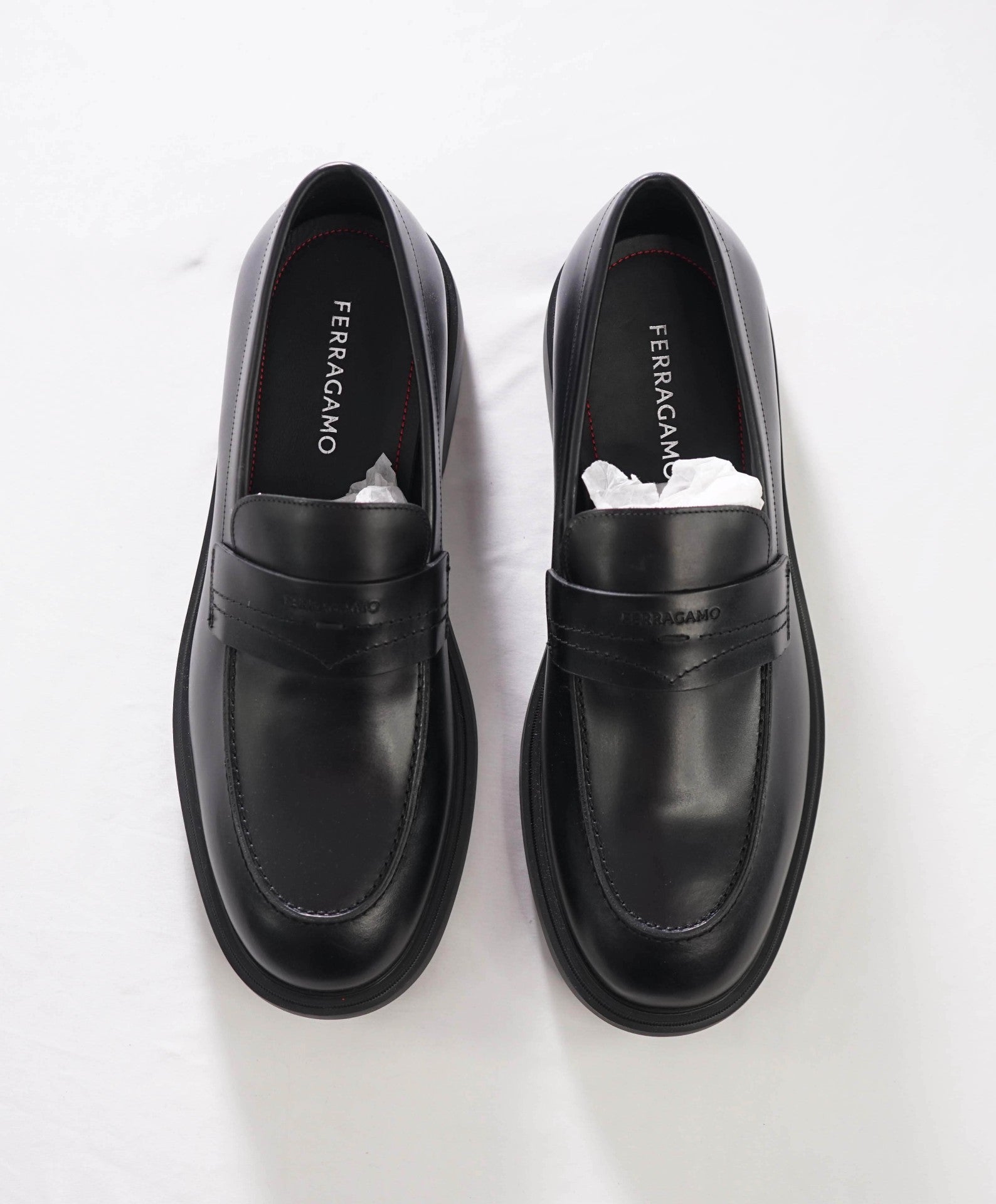 $995 FERRAGAMO - "CALIGOLA" Black Lug-Sole Loafers - 10.5 EE