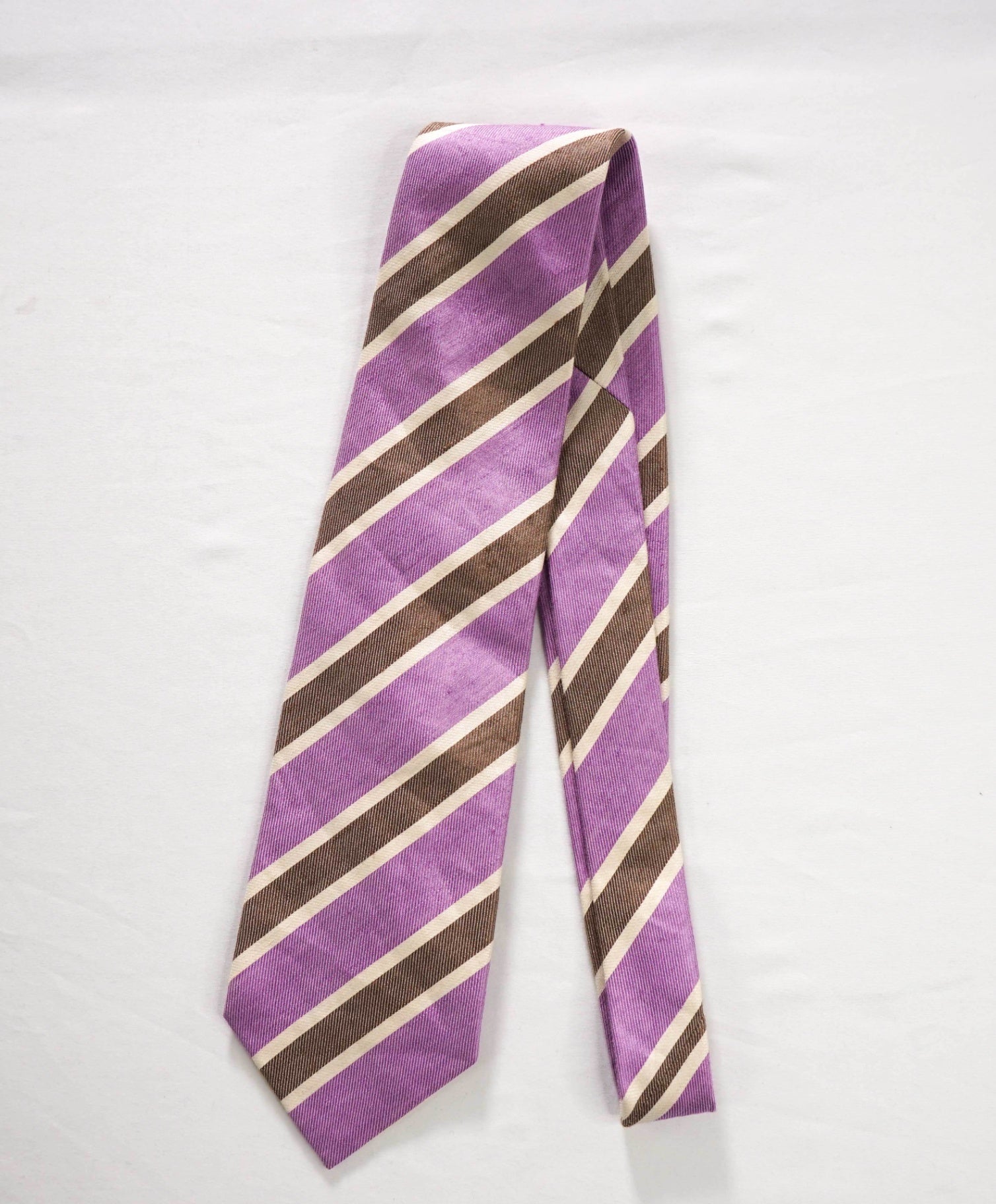 $220 CORNELIANI - Purple/Brown Stripe Silk/Linen - 3.5" Tie
