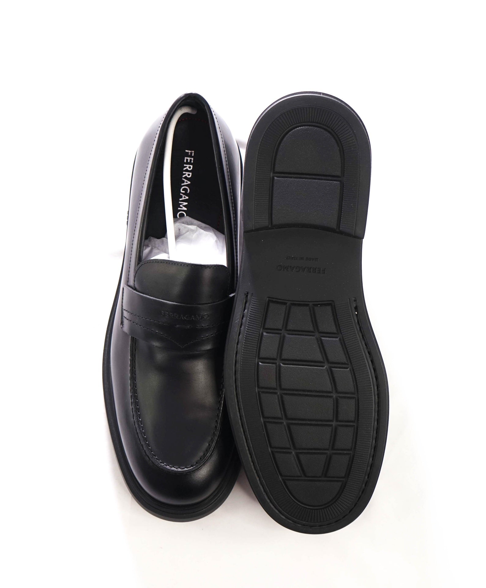 $995 FERRAGAMO - "CALIGOLA" Black Lug-Sole Loafers - 11 EE