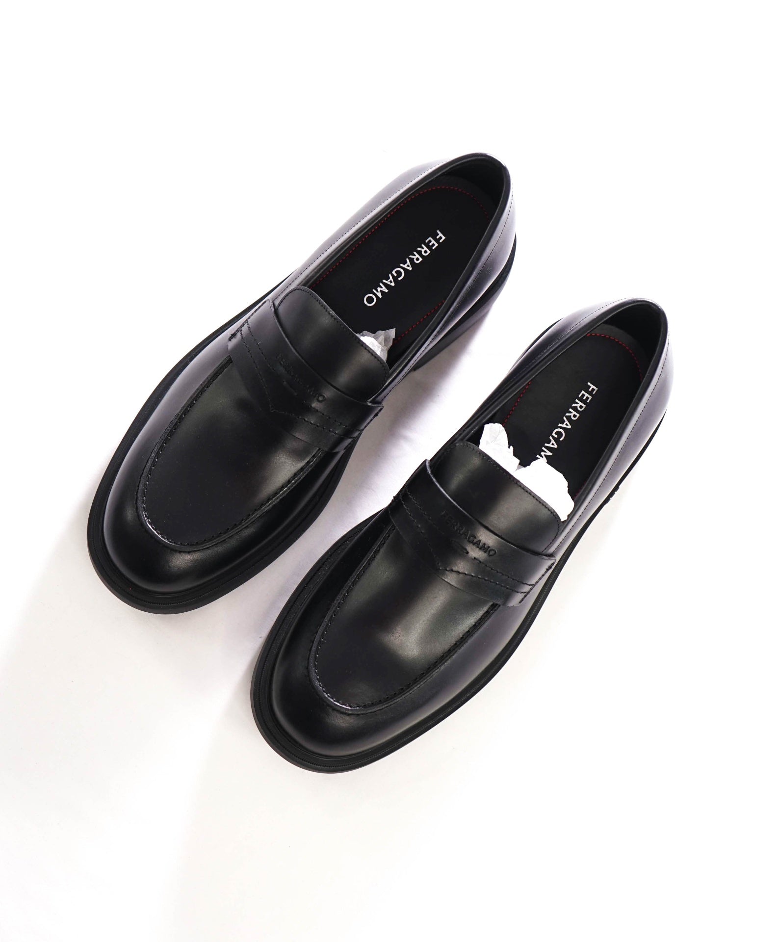 $995 FERRAGAMO - "CALIGOLA" Black Lug-Sole Loafers - 12 EE
