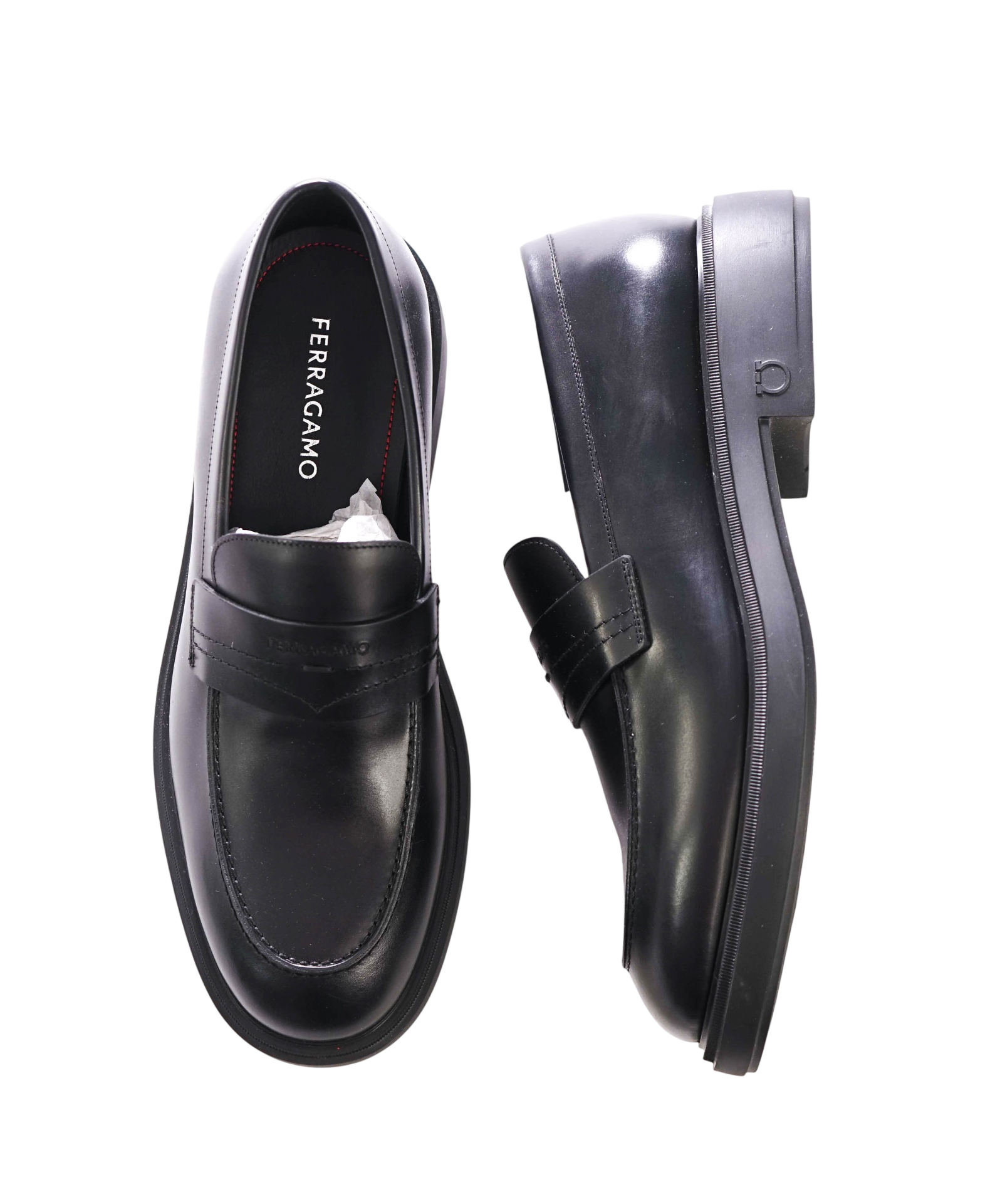 $995 FERRAGAMO - "CALIGOLA" Black Lug-Sole Loafers - 11 EE