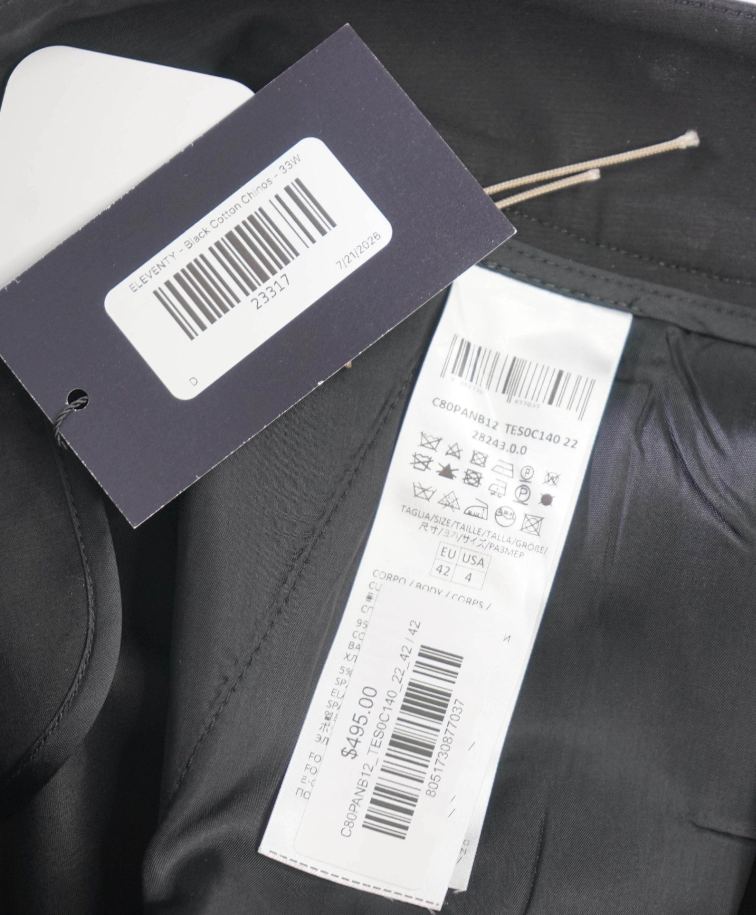 $495 ELEVENTY - Black Cotton Chinos - 4 US (42EU)