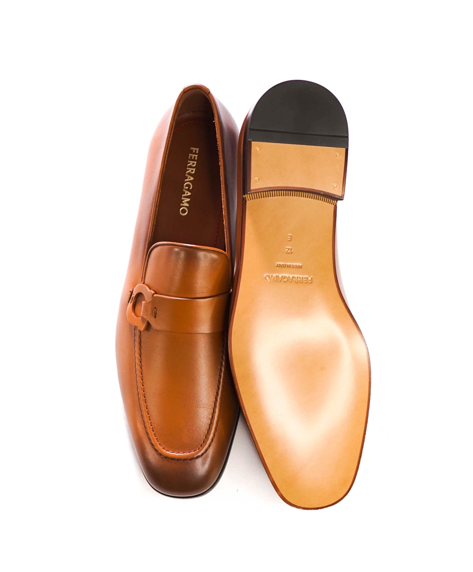 $1,050 FERRAGAMO - "BONNY" Brown Leather Loafers - 12 E