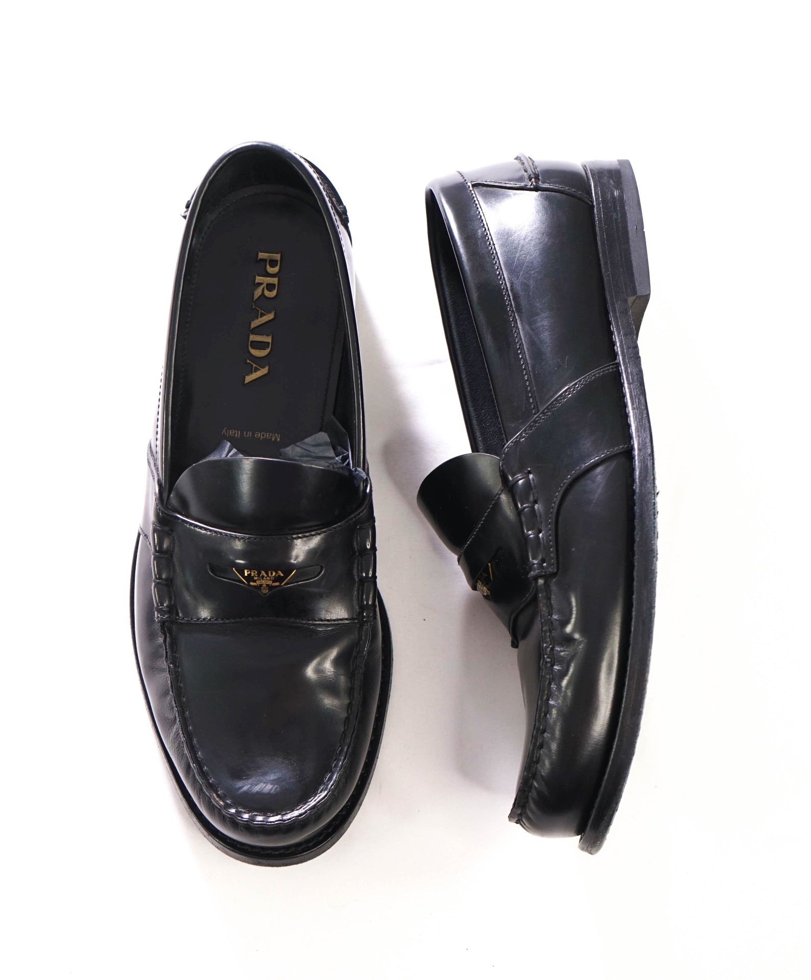 $1,250 PRADA - Black Leather Penny Loafers - US 10 (9UK)