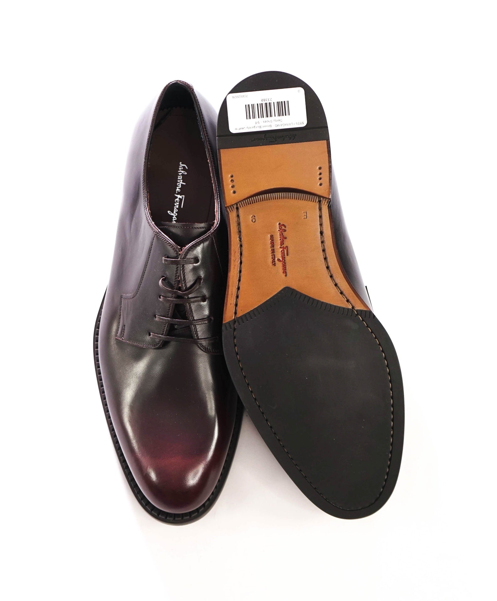 $895 FERRAGAMO - Brown/Burgundy Patina Leather Derby - 9 E