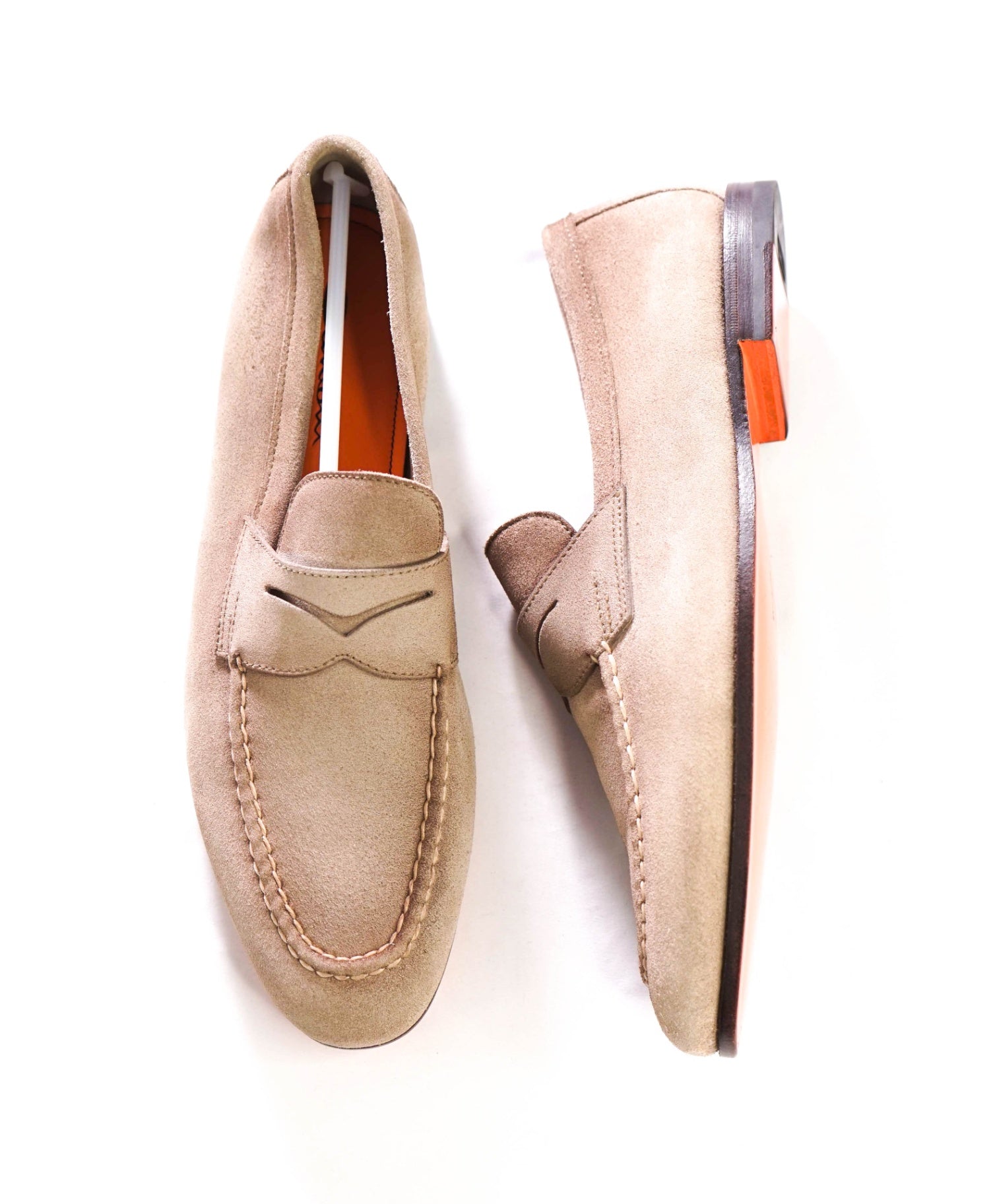 $800 SANTONI - Beige Suede Penny Loafers - US 13 (12UK)