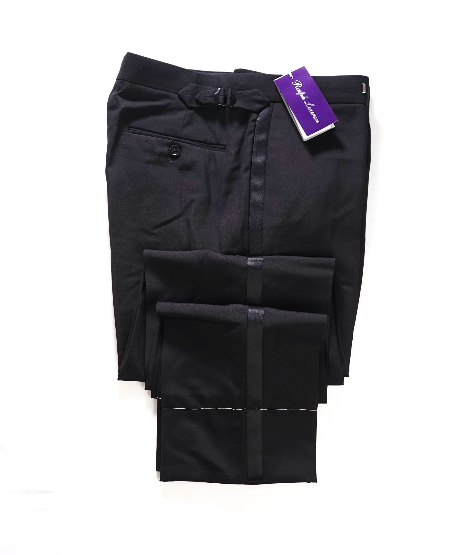$995 RALPH LAUREN PURPLE LABEL-Black Wool Tuxedo Pants-34W