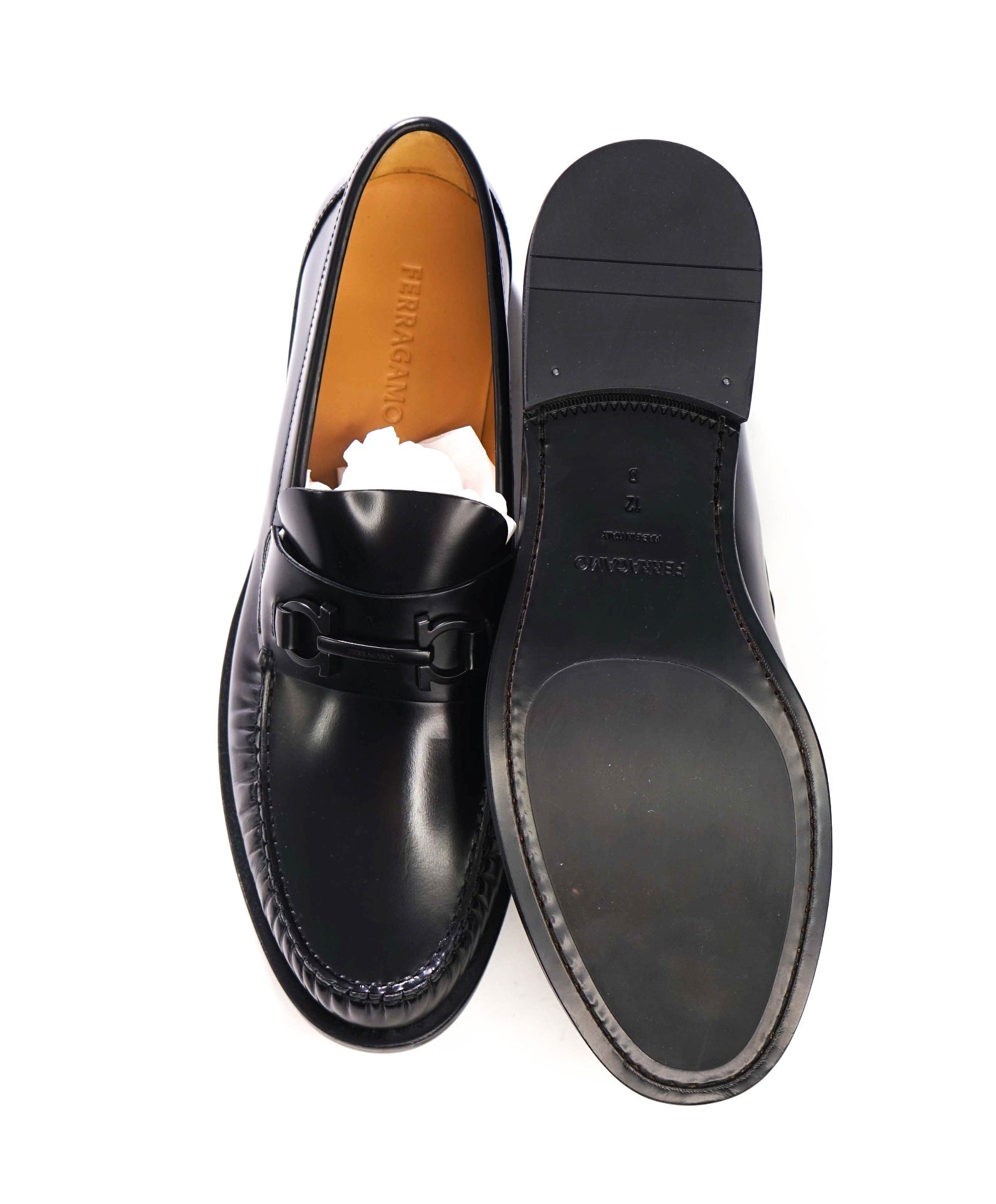 $995 FERRAGAMO - Black Leather "FORT" Loafers - 12 D