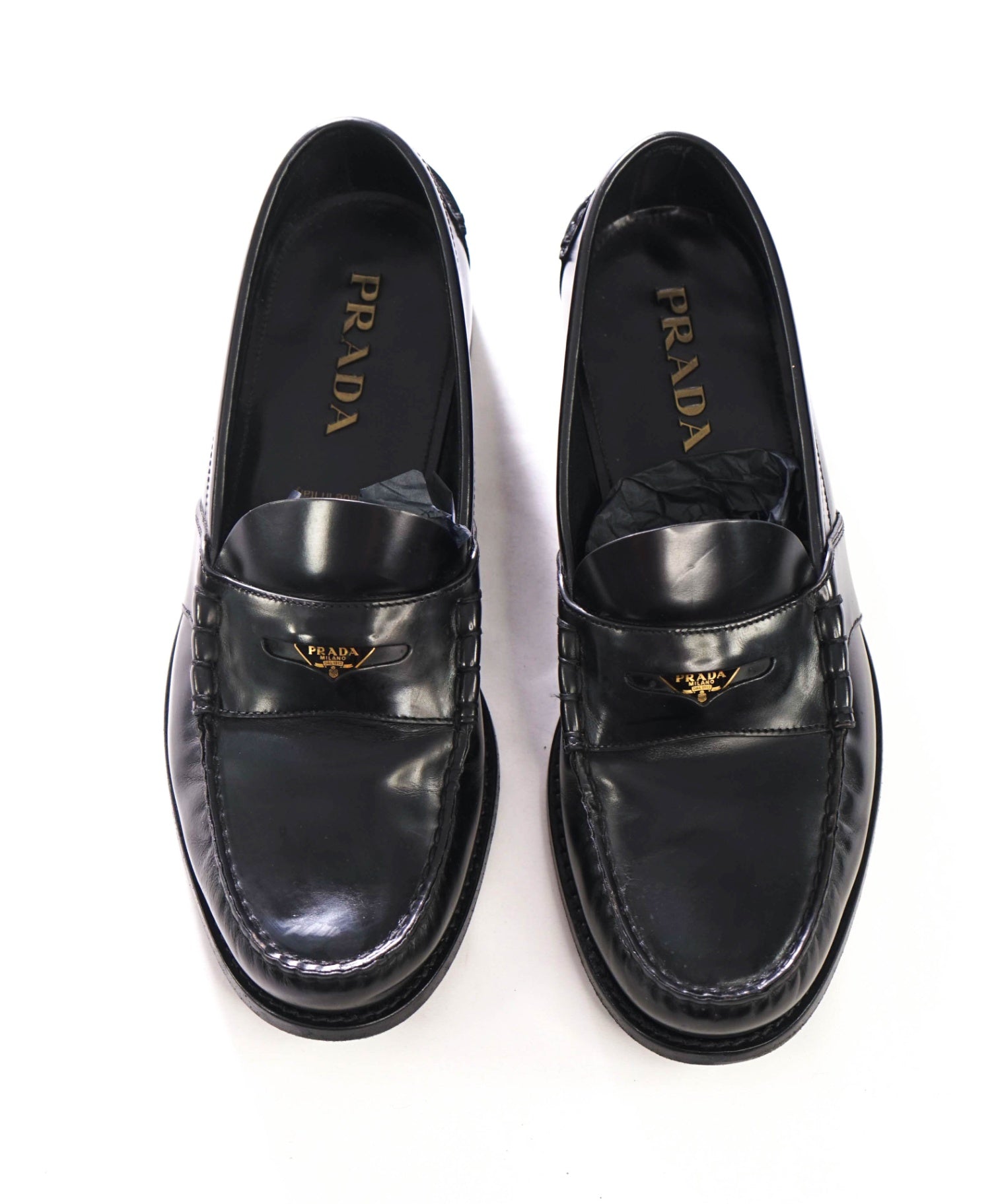 $1,250 PRADA - Black Leather Penny Loafers - US 10 (9UK)