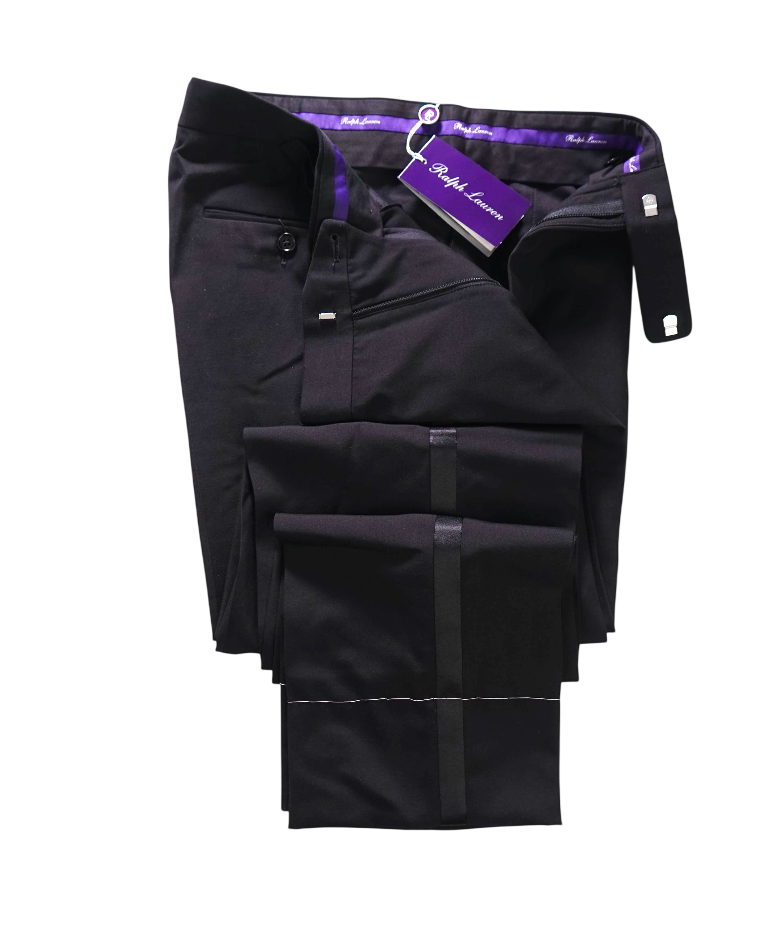 $995 RALPH LAUREN PURPLE LABEL-Black Wool Tuxedo Pants-34W