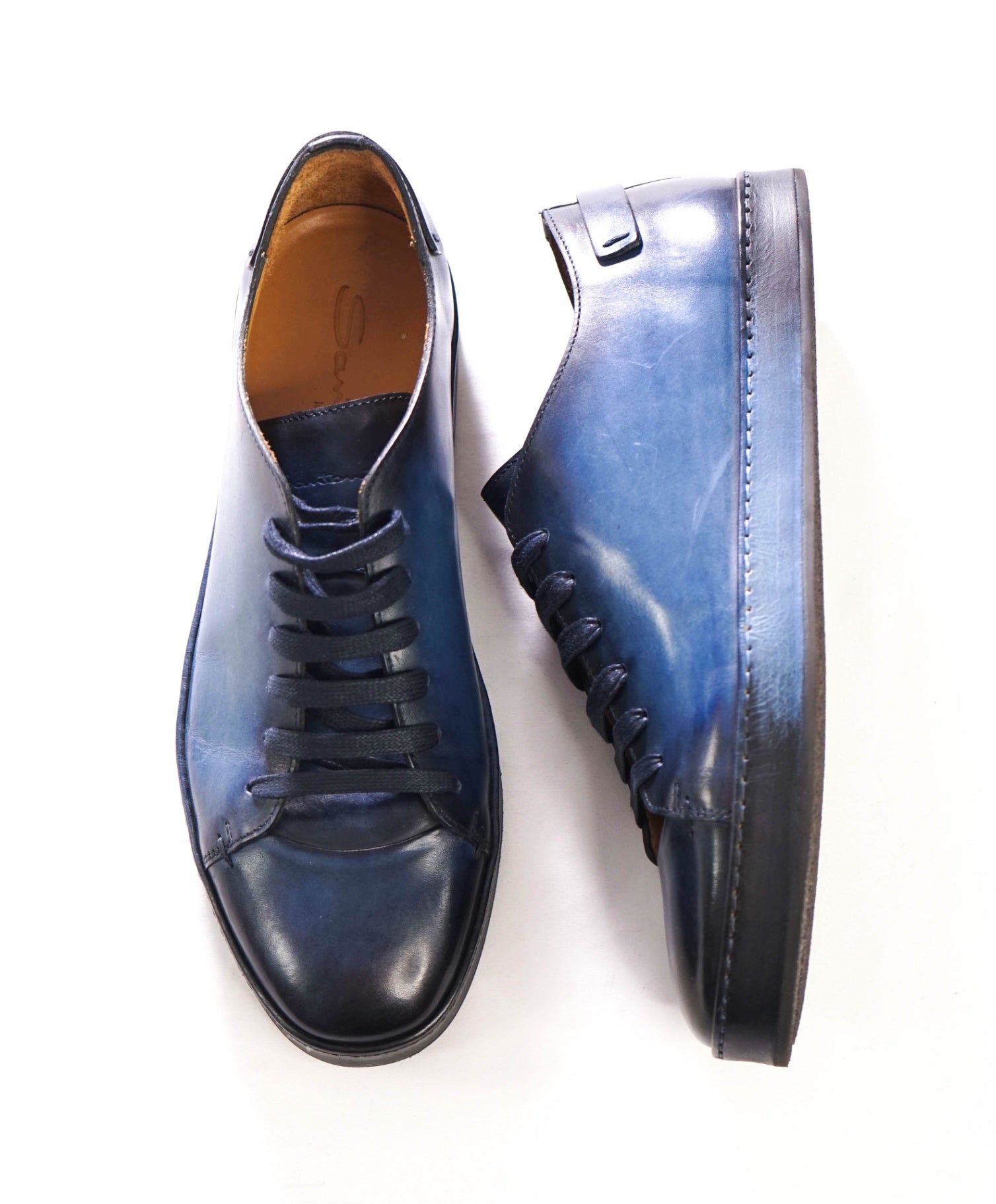 $1,295 SANTONI - Navy Blue Leather Sneakers - US 10 (9UK)