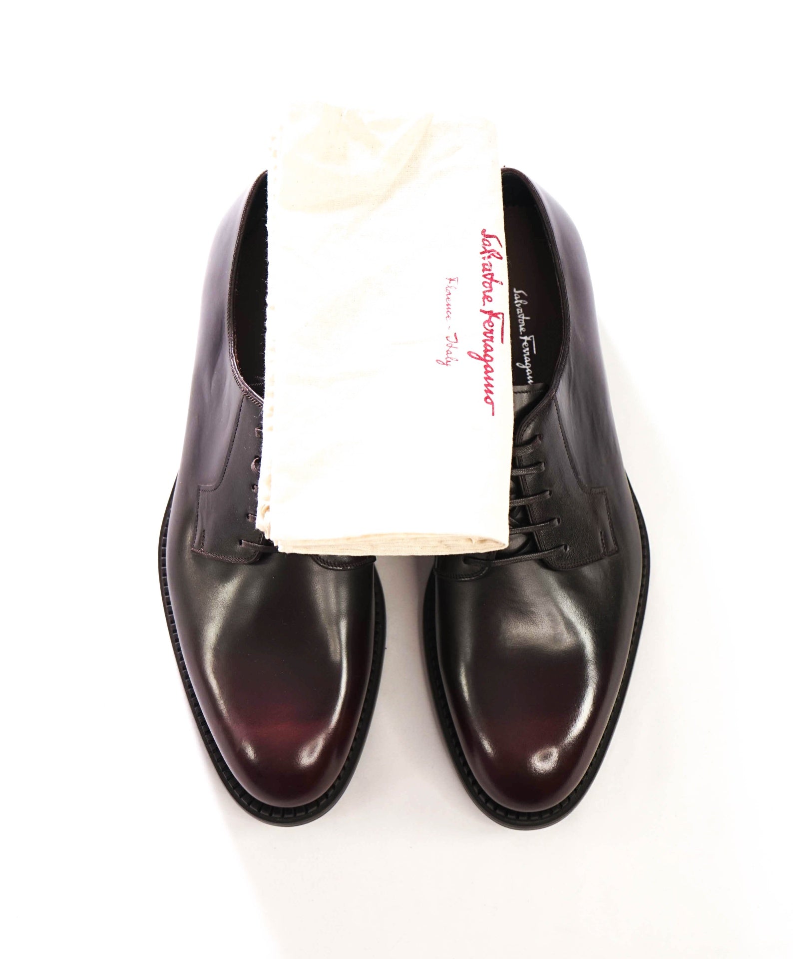 $895 FERRAGAMO - Brown/Burgundy Patina Leather Derby - 9 E