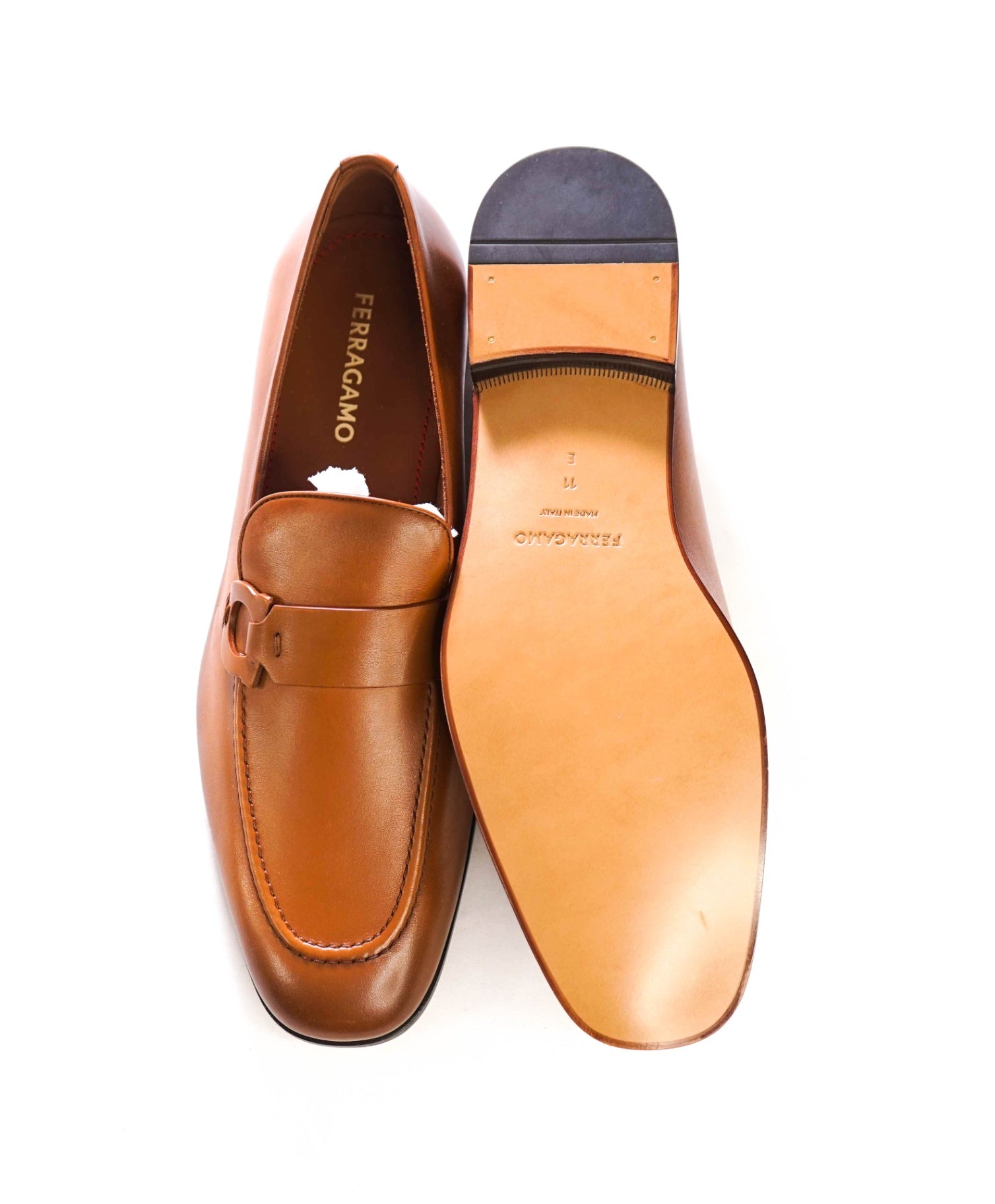 $1,050 FERRAGAMO - "BONNY" Brown Leather Loafers - 11 E