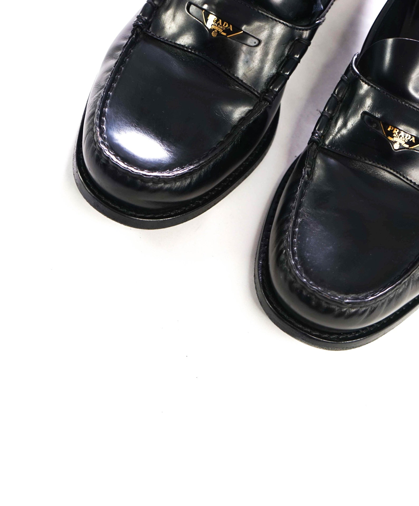 $1,250 PRADA - Black Leather Penny Loafers - US 10 (9UK)