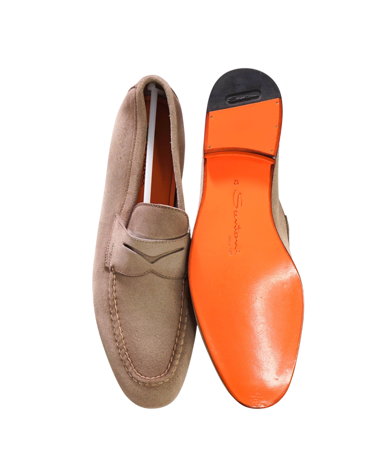 $800 SANTONI - Beige Suede Penny Loafers - US 13 (12UK)