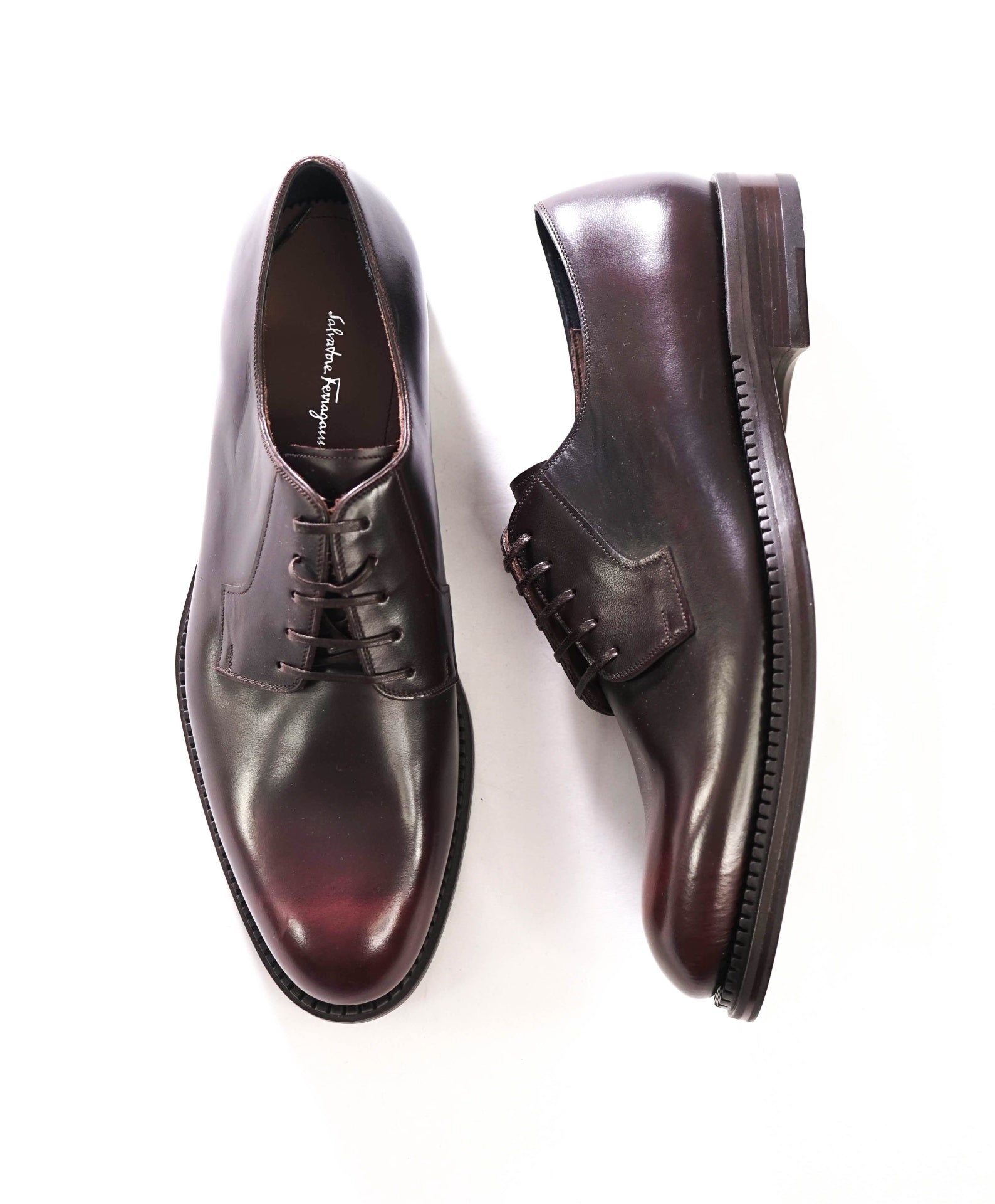 $895 FERRAGAMO - Brown/Burgundy Patina Leather Derby - 9 E