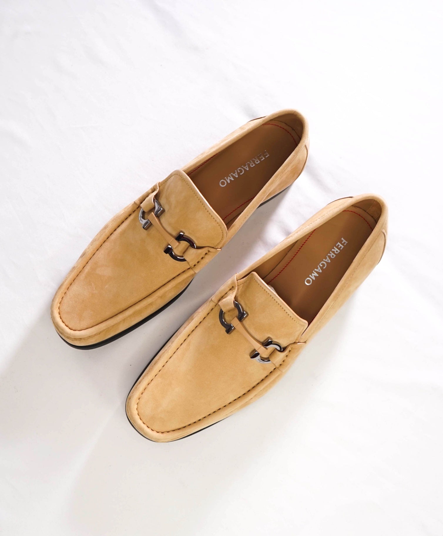 $850 FERRAGAMO - "GRANDIOSO" Neutral Suede Loafers - 9.5 EE