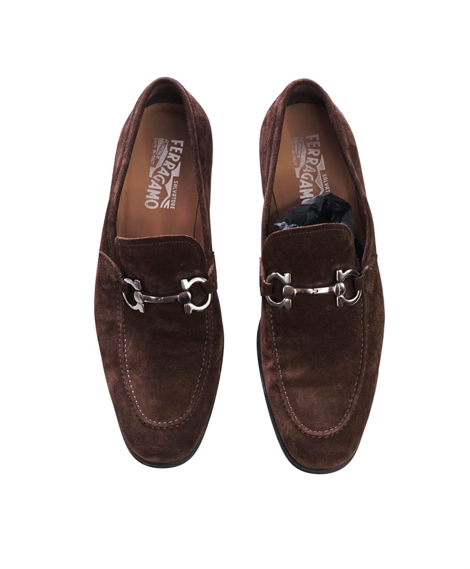 $950 FERRAGAMO - Gancini Brown Suede Loafers - 8.5EE