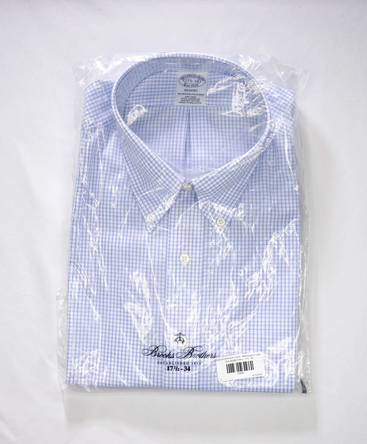 $128 BROOKS BROTHERS - Blue Gingham NON-IRON REGENT Shirt - 17.5 - 34