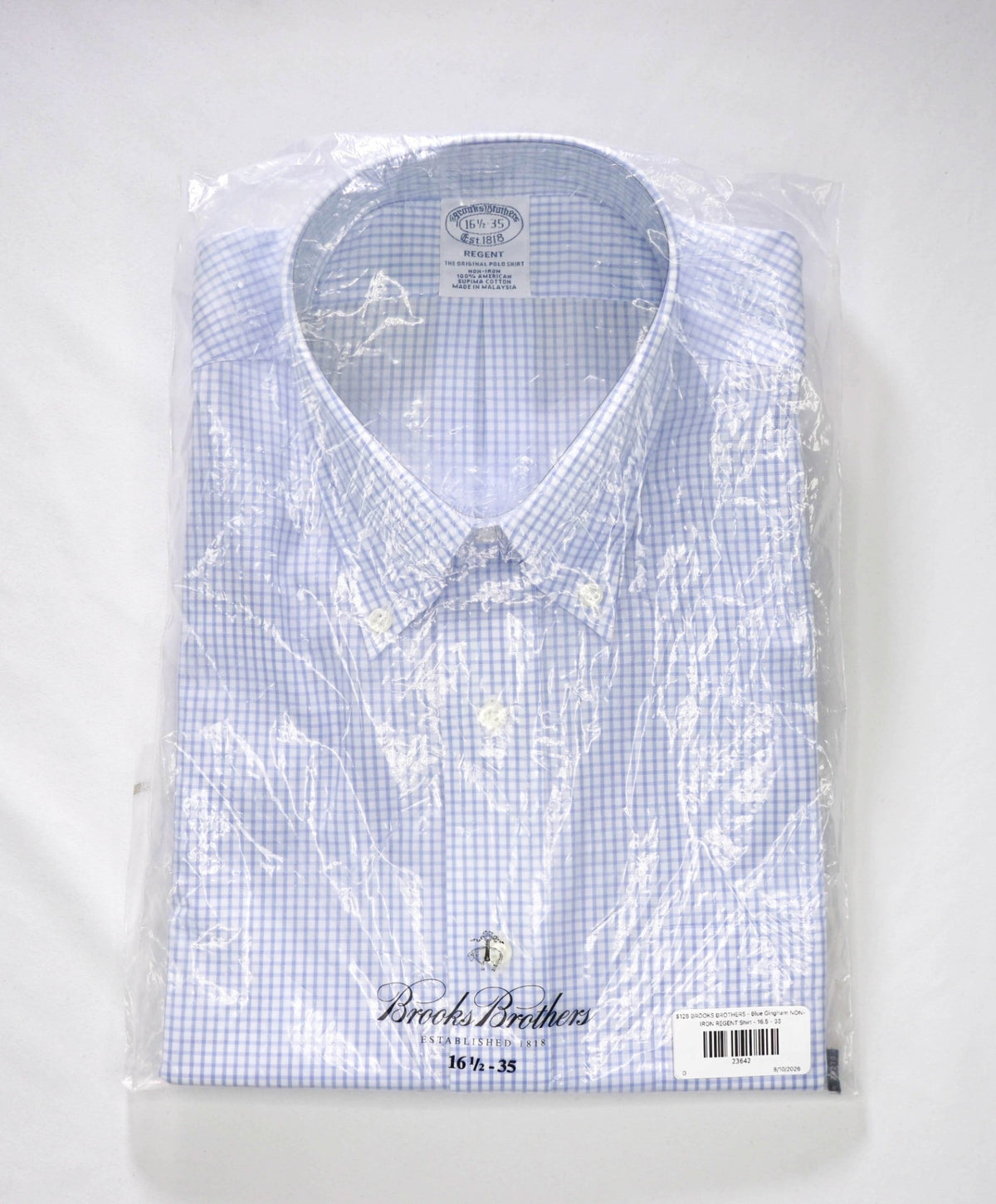 $128 BROOKS BROTHERS - Blue Gingham NON-IRON REGENT Shirt - 16.5 - 35