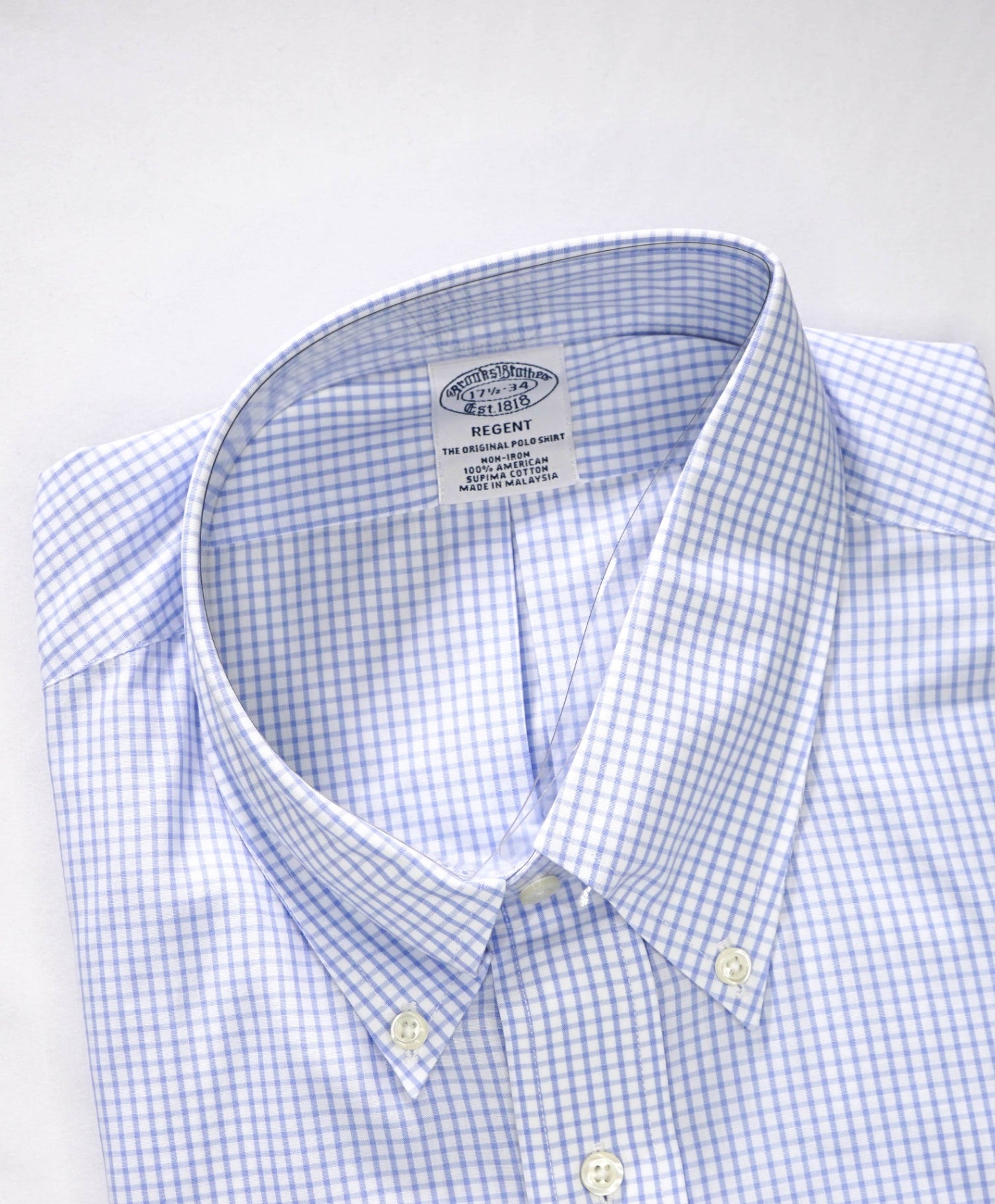 $128 BROOKS BROTHERS - Blue Gingham NON-IRON REGENT Shirt - 17.5 - 34