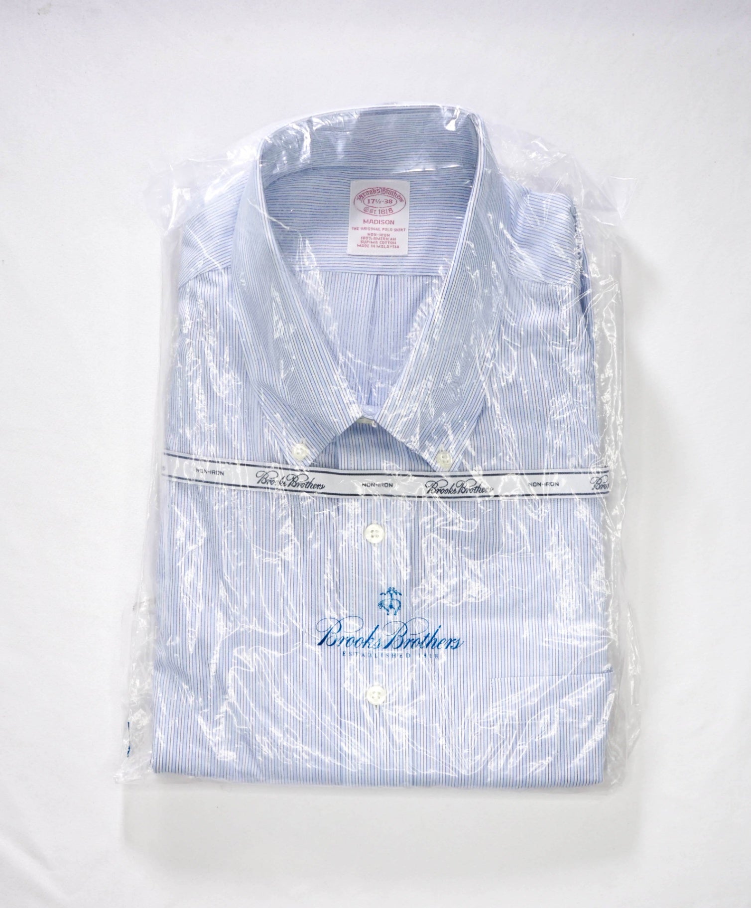 $128 BROOKS BROTHERS - Blue Stripe NON-IRON MADISON Shirt - 17.5 - 38