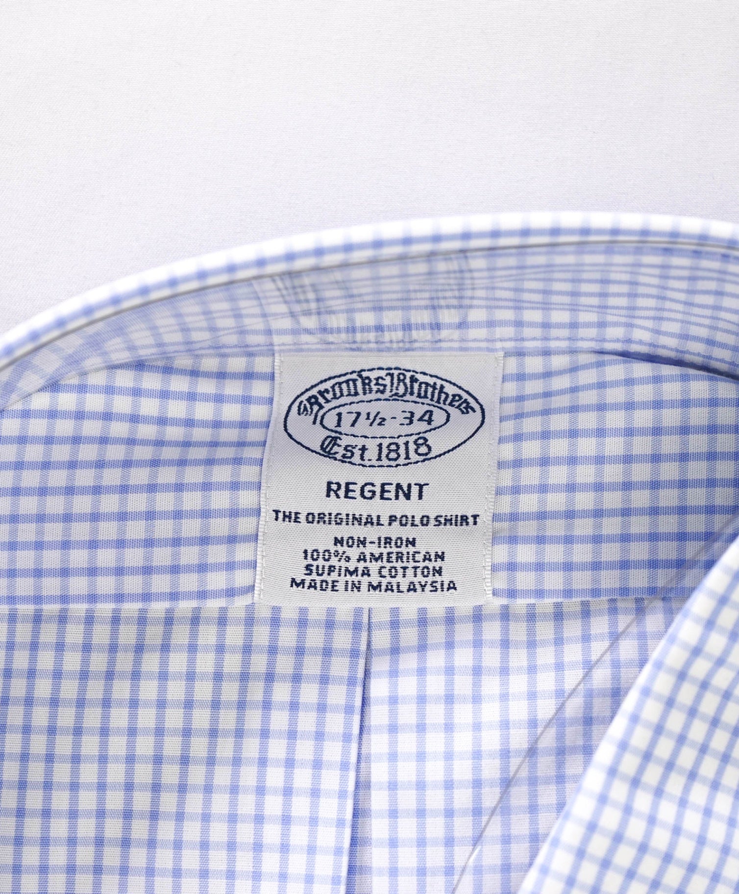 $128 BROOKS BROTHERS - Blue Gingham NON-IRON REGENT Shirt - 17.5 - 34