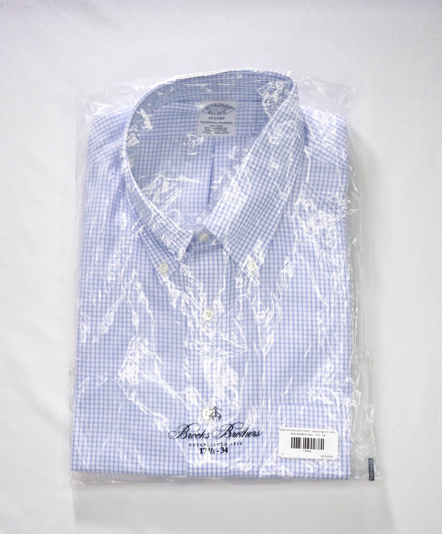 $128 BROOKS BROTHERS - Blue Gingham NON-IRON REGENT Shirt - 17.5 - 34