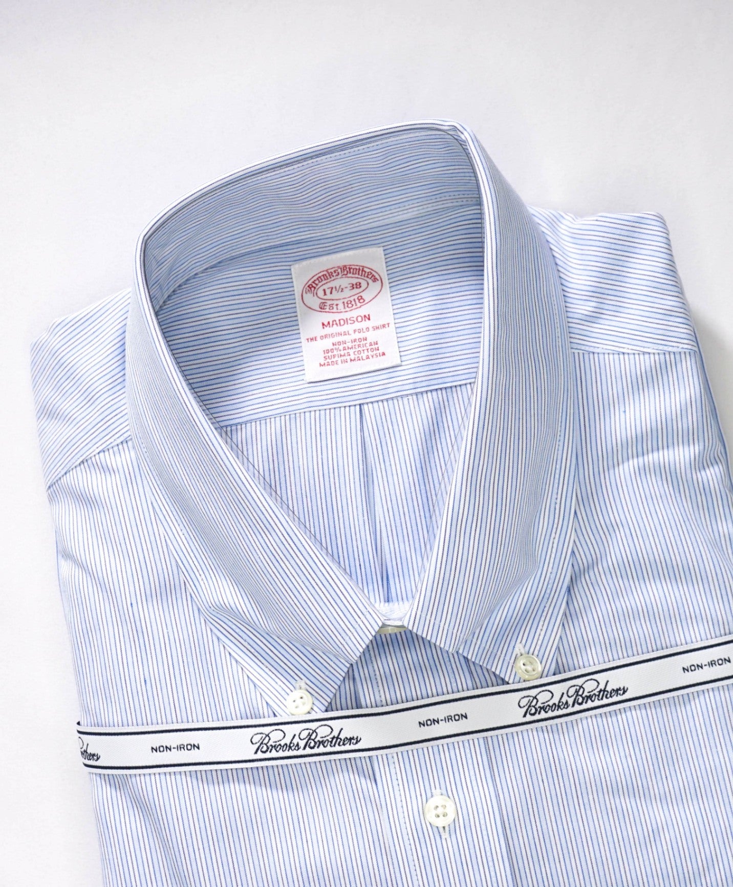 $128 BROOKS BROTHERS - Blue Stripe NON-IRON MADISON Shirt - 17.5 - 38