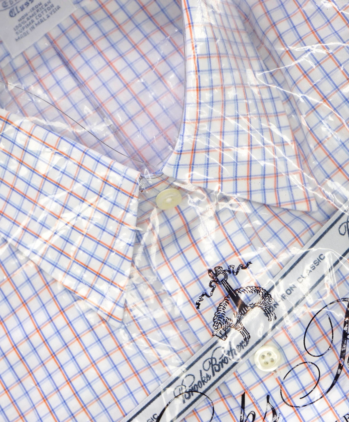 $128 BROOKS BROTHERS - Blue/Orange Check NON-IRON CLASSIC Shirt - 15.5 / 33