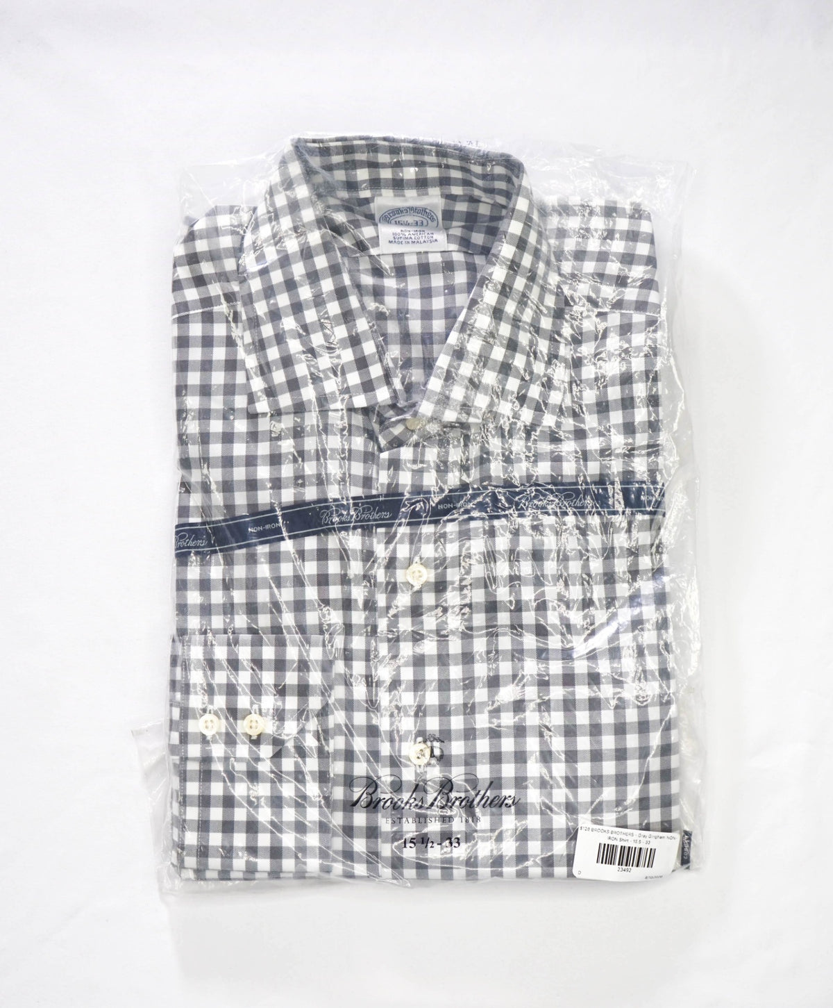 $128 BROOKS BROTHERS - Gray Gingham NON-IRON Shirt - 15.5 - 33
