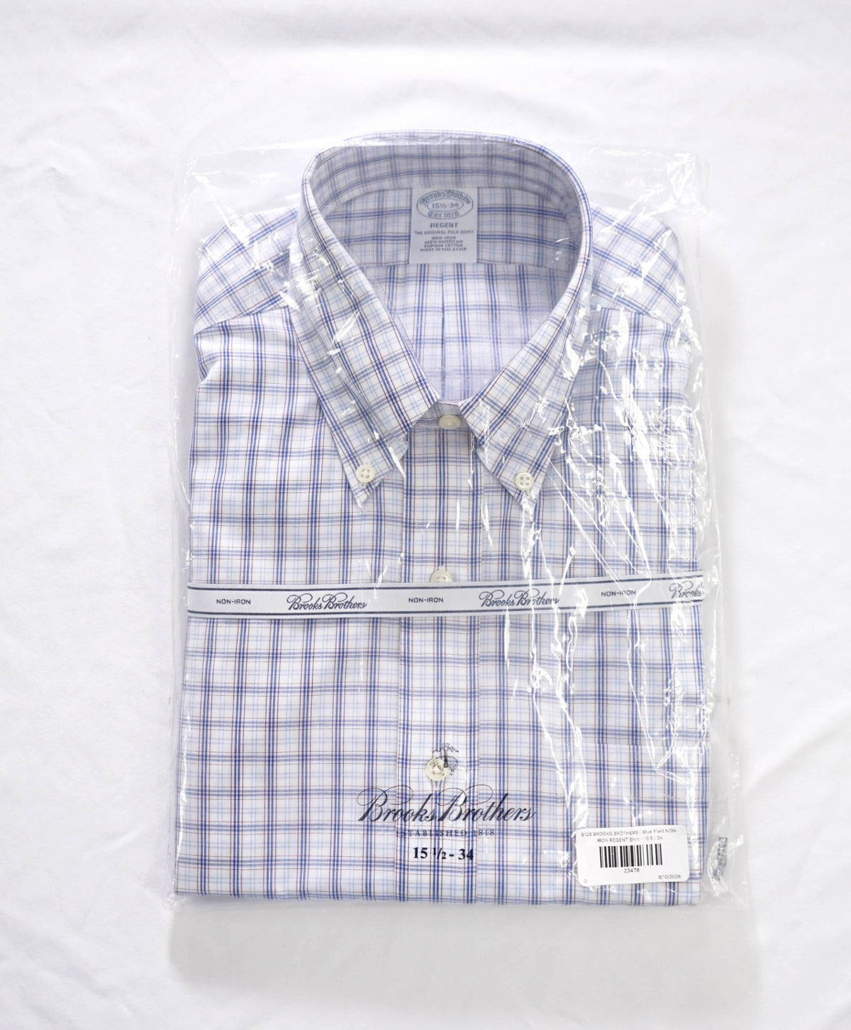 $128 BROOKS BROTHERS - Blue Plaid NON-IRON REGENT Shirt - 15.5 / 34