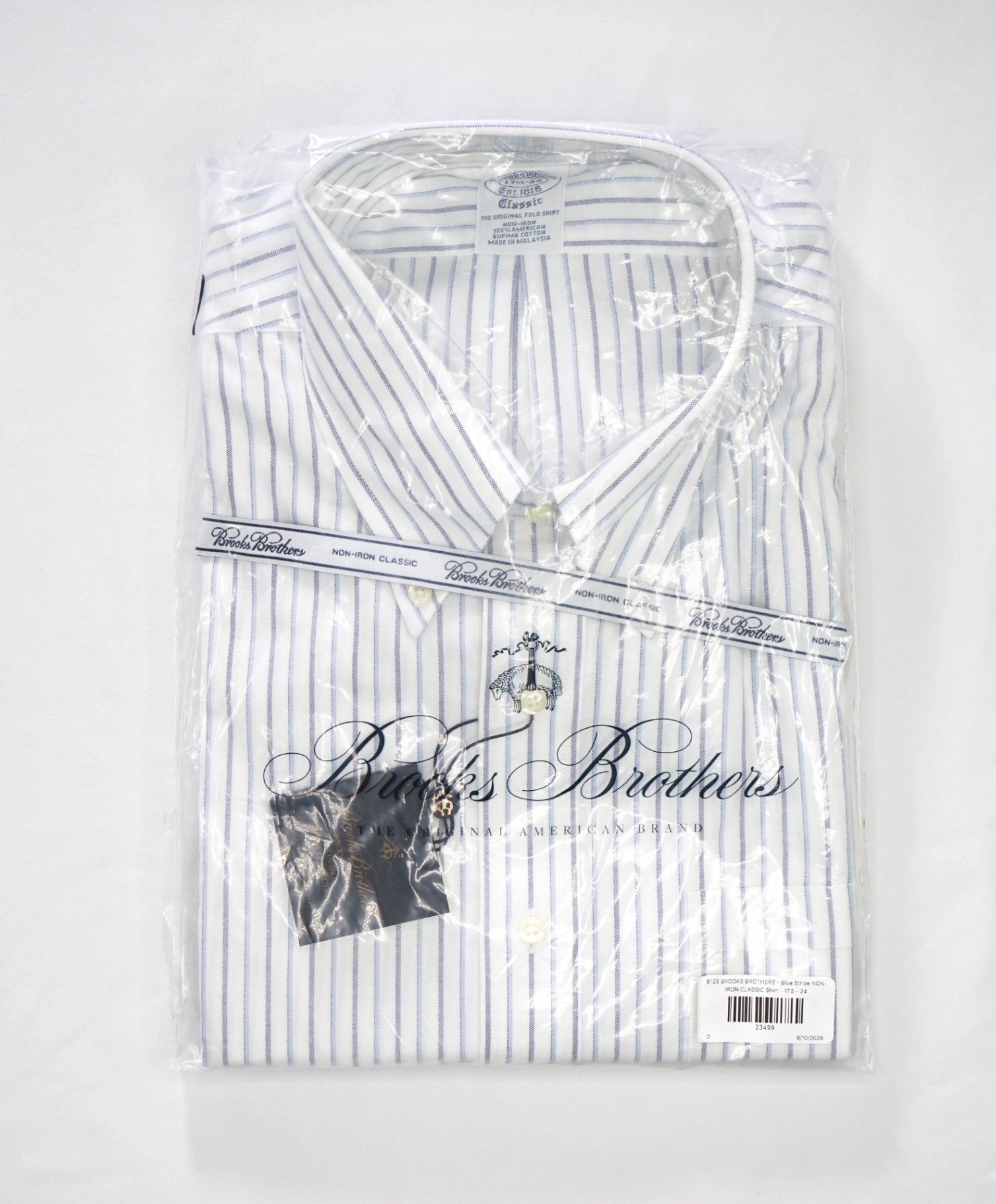 $128 BROOKS BROTHERS - Blue Stripe NON-IRON CLASSIC Shirt - 17.5 - 34