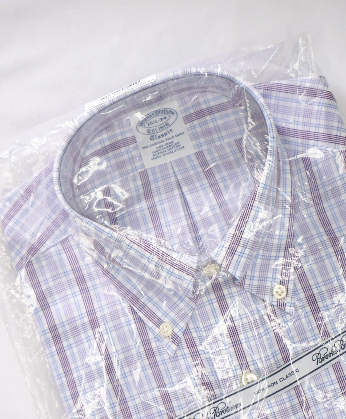 $128 BROOKS BROTHERS - Purple Plaid NON-IRON CLASSIC Shirt - 15.5 / 34