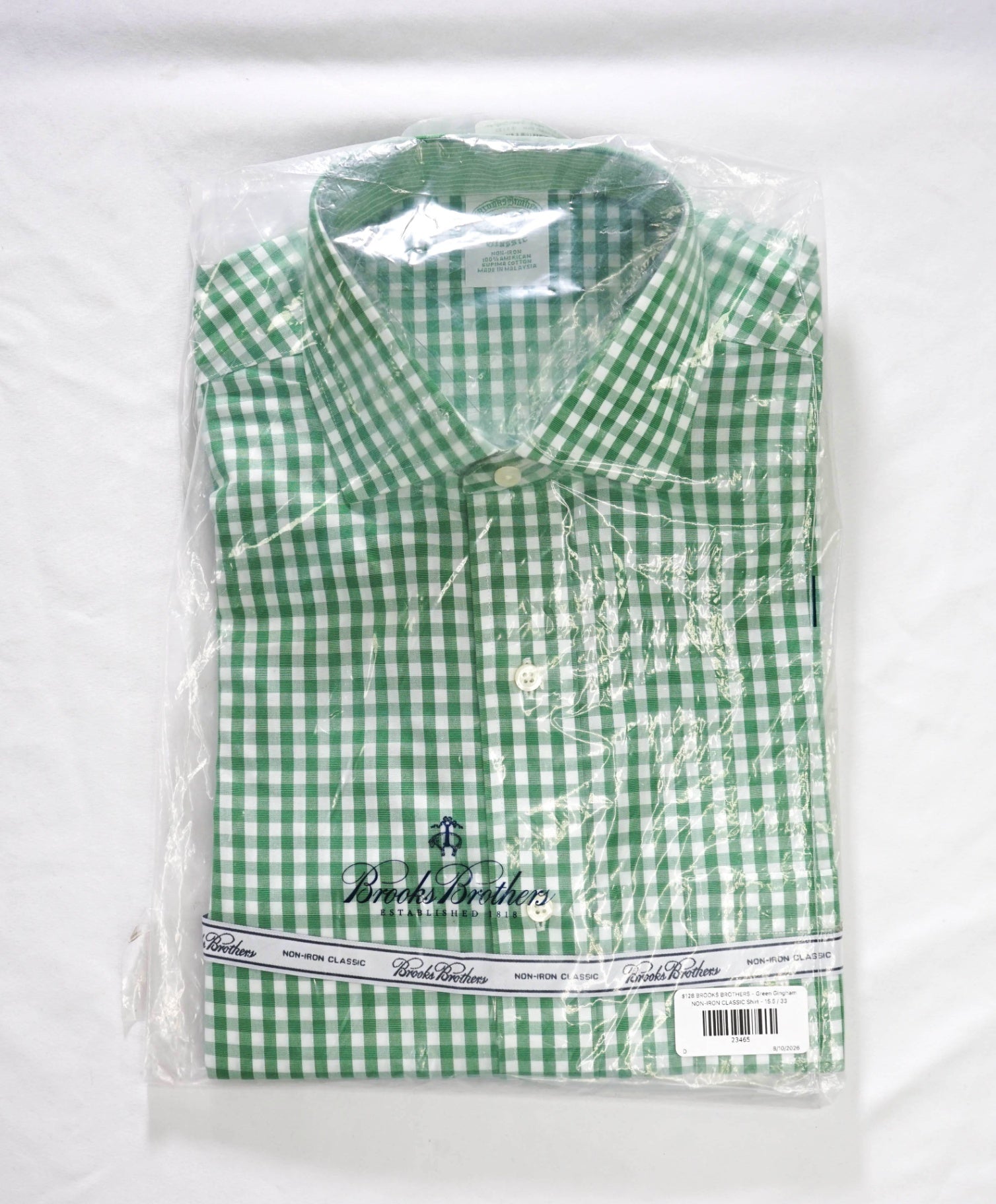 $128 BROOKS BROTHERS - Green Gingham NON-IRON CLASSIC Shirt - 15.5 / 33